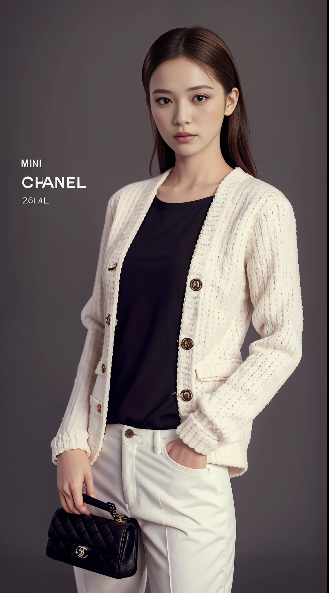 E-commerce female model photography, white background, model height 1.68, wearing Korean clothes, shoulder (Chanel mini bag: 0.6), (realistic: 1.4), lower half wearing Korean pants, soft lighting, masterpieces, best quality, super realistic details, commercial photography, dynamic pose, 3D C4D, film, super realistic painting, 8k, midjourney art