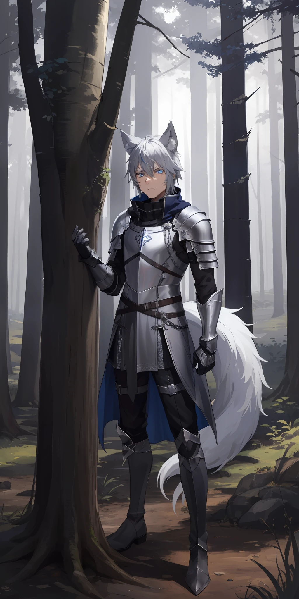 (male), glowing blue eyes, gray hair, templar knight outfit, gray long chainmail skirt, wolf ears, wolf tail, black long boots, serious face, forest setting, masterpiece, HD, vibrant