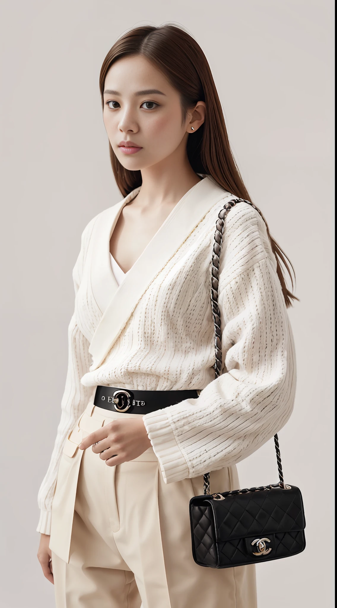 E-commerce female model photography, white background, model height 1.68, wearing Korean clothes, shoulder (Chanel mini bag: 0.6), (realistic: 1.4), lower half wearing Korean pants, soft lighting, masterpieces, best quality, super realistic details, commercial photography, dynamic pose, 3D C4D, film, super realistic painting, 8k, midjourney art