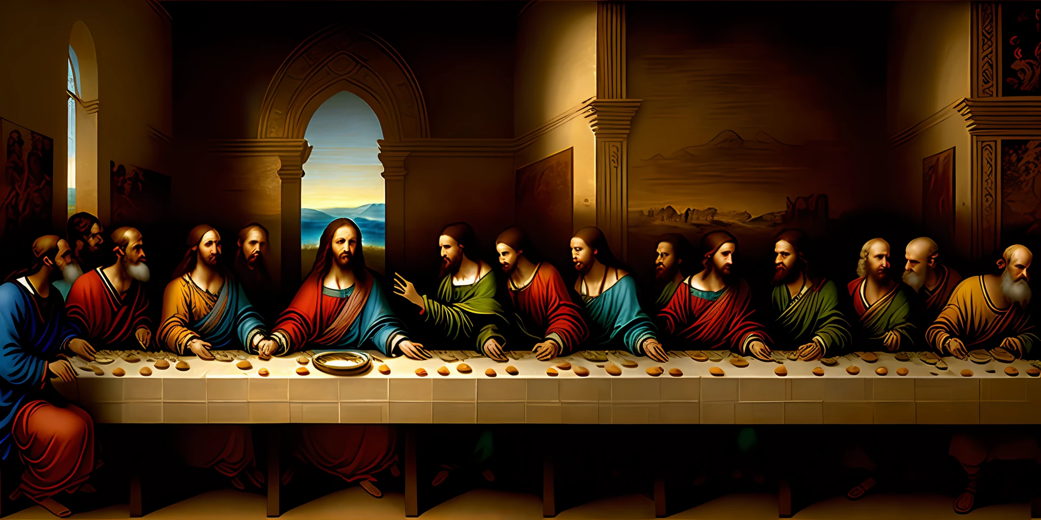 Complete reproduction of Leonardo da Vinci&#39;s Last Supper style, 10 people&#39;s last supper, in Da Vinci inspired oil painting, more details, different expressions, arguing