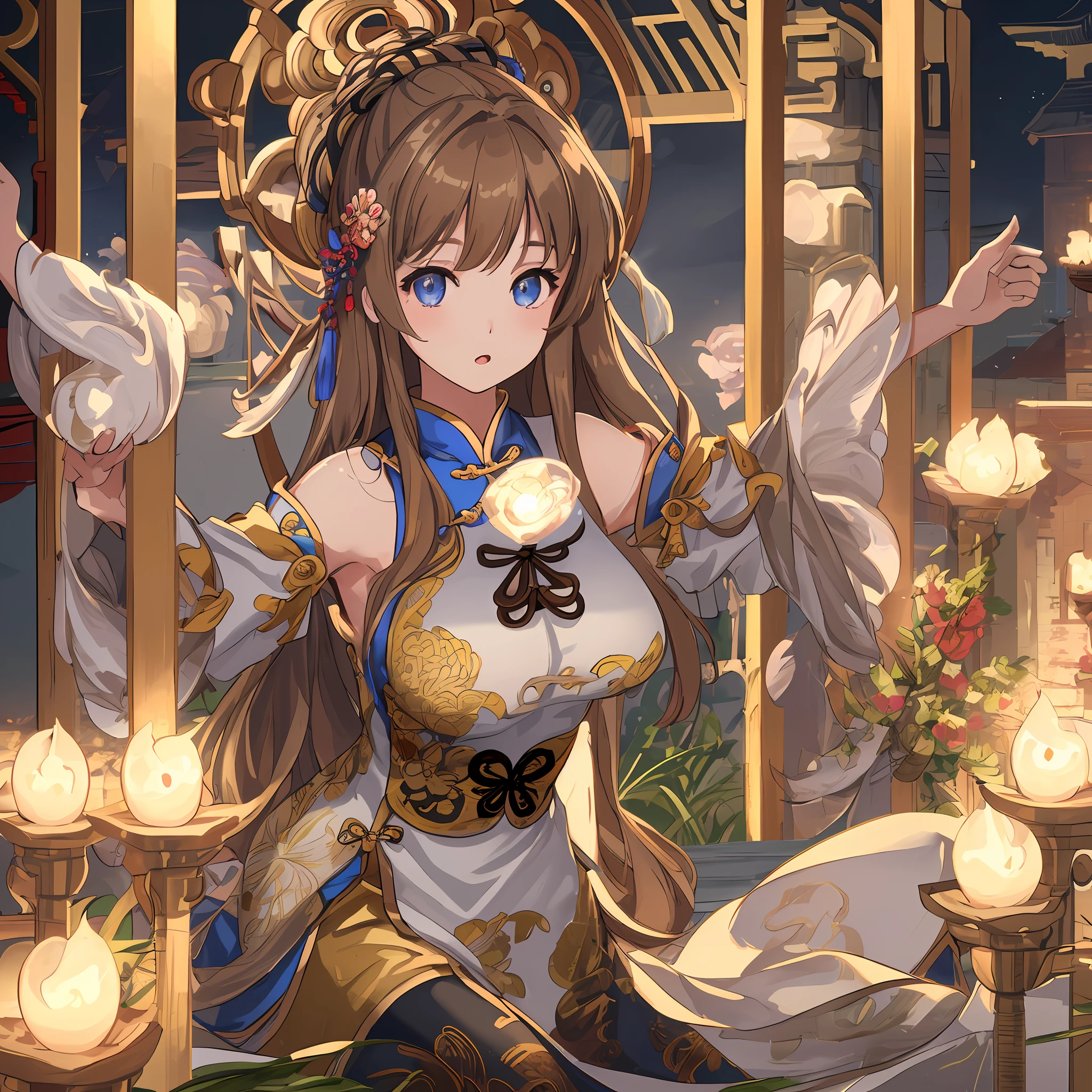 Parameters dudou, 1girl, beauty, solo, candle, brown hair, long hair, ulzzang-6500-v1.1, (raw photo: 1.2), ((photorealistic: 1.4)) best quality, masterpiece, illustration, extremely delicate and Beautiful, very detailed, CG, unity, 8k wallpaper, amazing, fine detail, masterpiece, best quality, official art, very detailed CG unity 8k wallpaper, ridiculous, unbelievably ridiculous, huge file size , ultra detailed, high resolution, very detailed, beautiful detailed girl, extremely detailed eyes and face, beautiful detailed eyes, movie lighting, 1 girl, perspective, sexy pose, looking at viewer, full body, full body shot, Outdoors, arms behind, topless, (sexy Chinese clothing)
