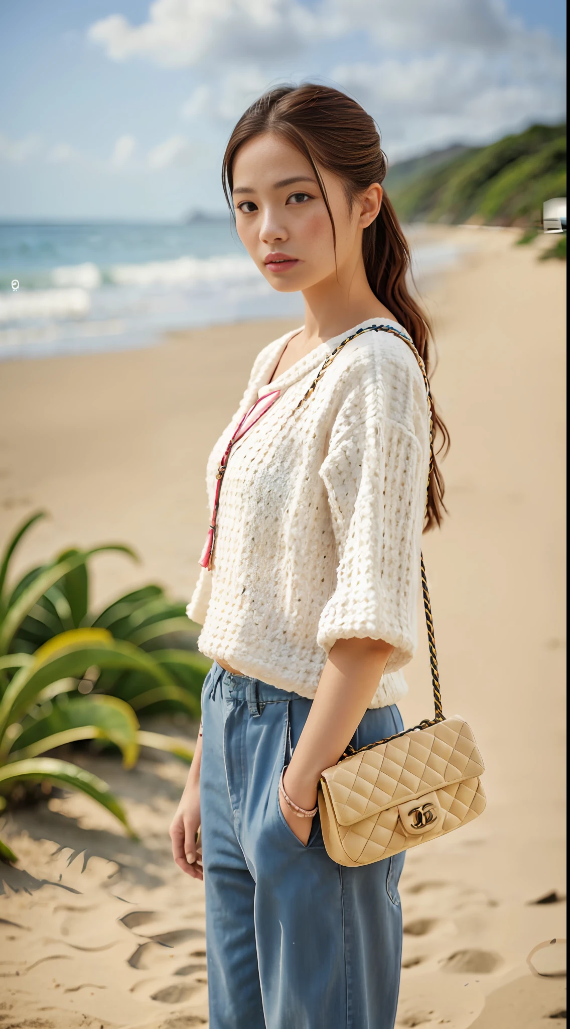 E-commerce female model photography, Hawaii seaside background, the model height of 1.68, wearing Korean clothes on the top, shoulder (Chanel mini bag: 0.6), (realistic: 1.4), lower half wearing Korean pants, soft lighting, masterpieces, best quality, super realistic details, commercial photography, dynamic pose, 3D C4D, film, super realistic painting, 8k, midjourney art