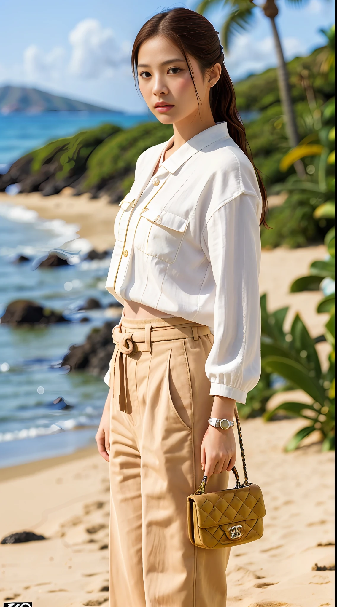 E-commerce female model photography, Hawaii seaside background, the model height of 1.68, wearing Korean clothes on the top, shoulder (Chanel mini bag: 0.6), (realistic: 1.4), lower half wearing Korean pants, soft lighting, masterpieces, best quality, super realistic details, commercial photography, dynamic pose, 3D C4D, film, super realistic painting, 8k, midjourney art