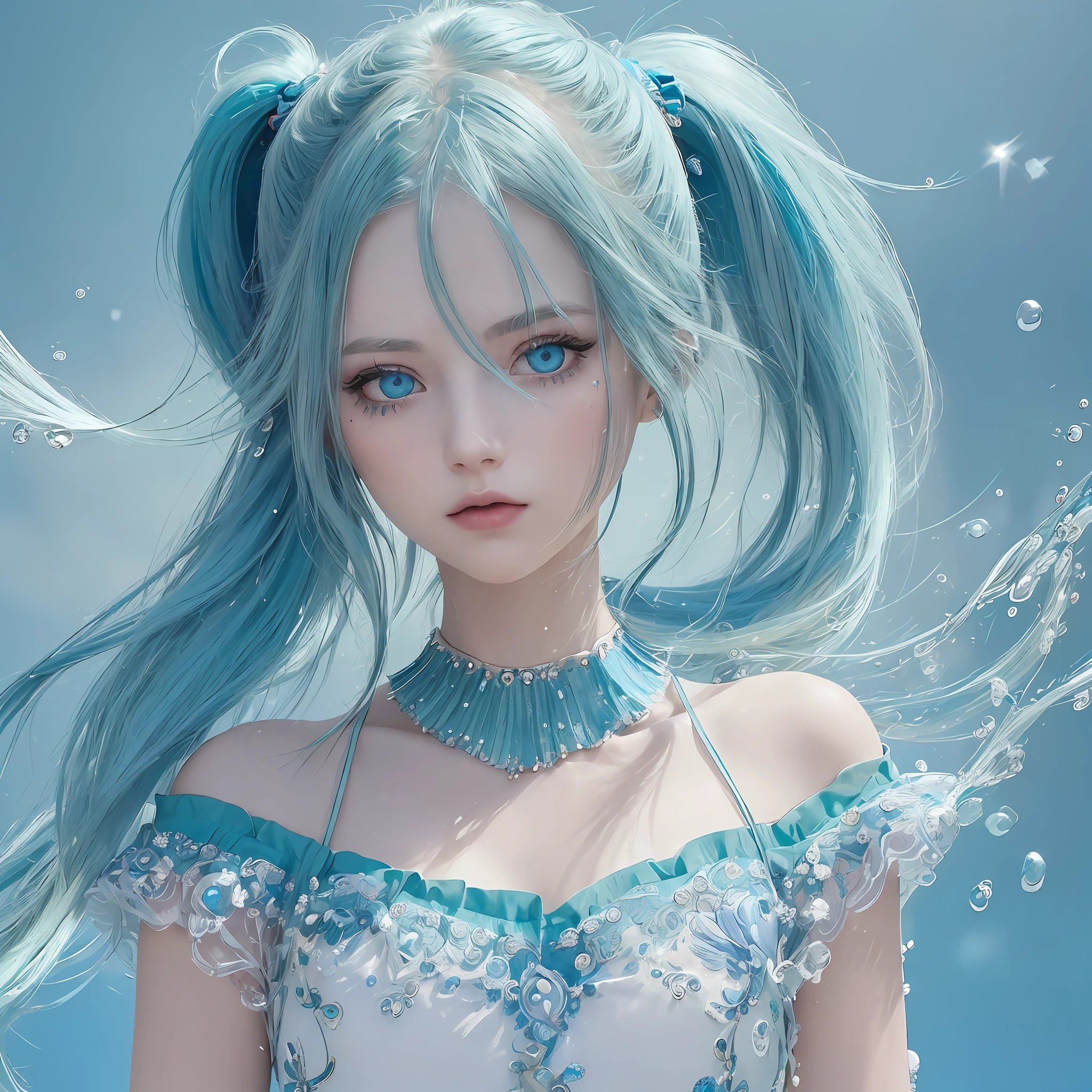 (masterpiece), (excellent), (super detail), (messy hair), (illustration), (1 girl) (long blue-green hair 1.5) (blue eyes) (double ponytail 2.0), (fashion outfit), standing, fashion model, looking at the audience, (interview), (simple background), beautiful detailed eyes, delicate playful face, floating, (high saturation), (colorful flash), colorful bubbles, (glitter), focus on the face