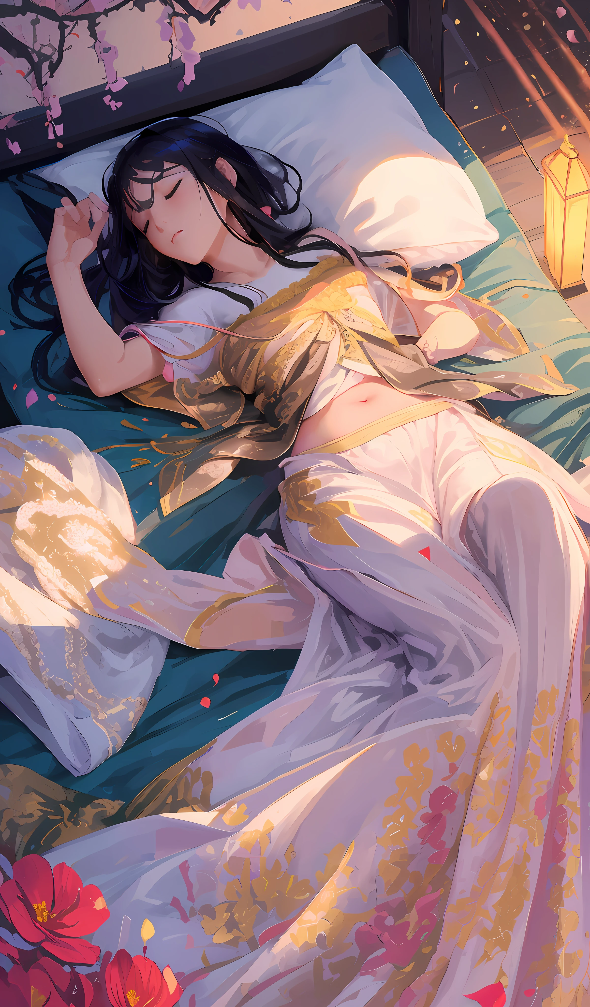 Lace, ribbon, Hanfu, (masterpiece, sidelighting: 1.2), masterpiece, realistic, shiny hair, shiny skin, solo, strapless, soft navel, exquisite, particles, golden light, sleeping, on the bed, pillow , ((flowers)), complex background, blurred foreground, beautifly, navel,(sleeping:1.2),