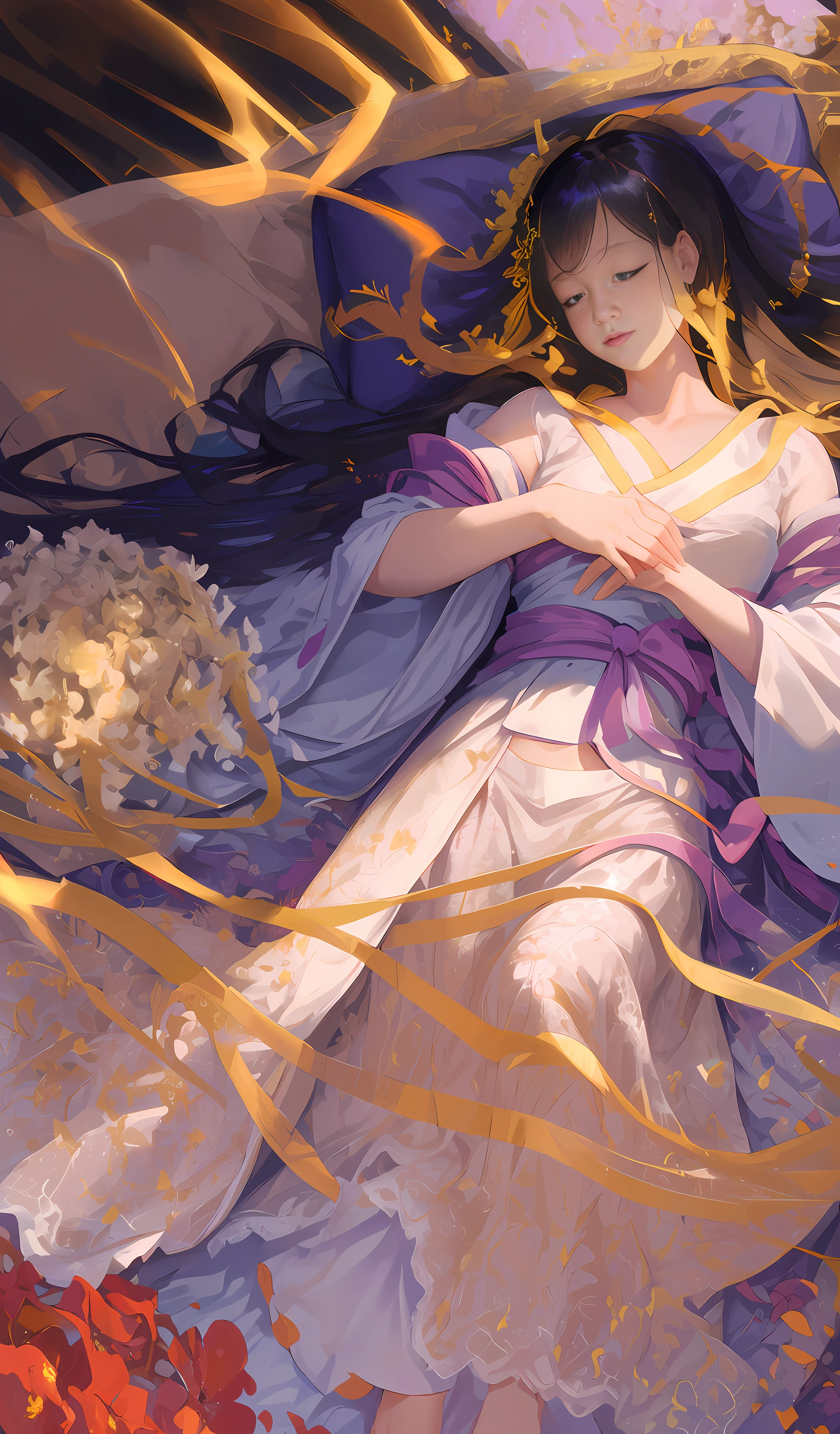 Lace, ribbon, Hanfu, (masterpiece, sidelighting: 1.2), masterpiece, realistic, shiny hair, shiny skin, solo, strapless, soft navel, exquisite, particles, golden light, sleeping, on the bed, pillow , ((flowers)), complex background, blurred foreground, beautifly, navel,(sleeping:1.2),