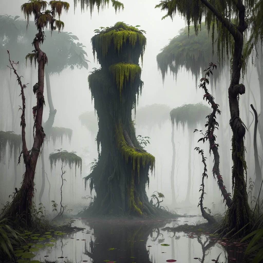 stalenhag, (dense alien jungle swamp: 1.3), many strange unusual iridescent flowers, old destroyed partly rust nuclei, sci-fi, colorful raw surface knots, smooth round, hdr, 8k, 4k, octane renderer, huge details, artstation