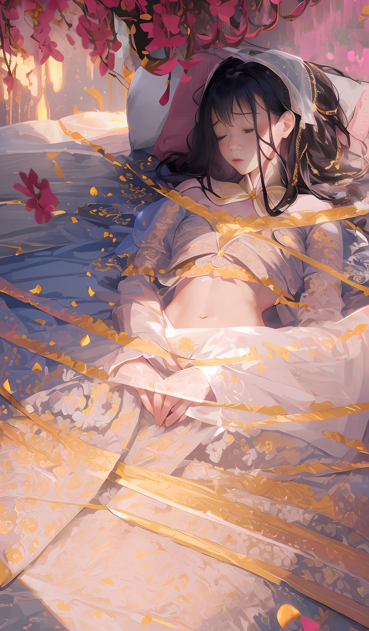 Lace, ribbon, Hanfu, (masterpiece, sidelighting: 1.2), masterpiece, realistic, shiny hair, shiny skin, solo, strapless, soft navel, exquisite, particles, golden light, sleeping, on the bed, pillow , ((flowers)), complex background, blurred foreground, beautifly, navel,(sleeping:1.2),