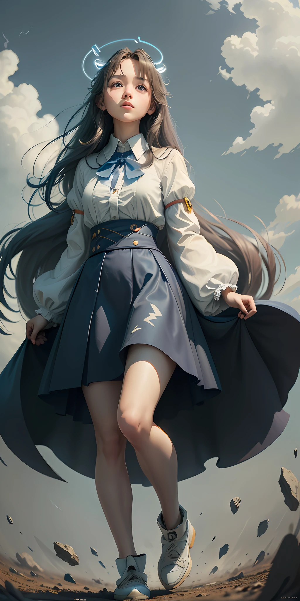 (Long-haired girl looking up at the sky at 45 degrees),(red eyes, wearing a long skirt, slightly sideways),(Disney style, floating feeling, fog),(shadow, mystery, music Note special effects),(high quality details, sliding , Delay all elements for about 2-3 seconds, 8K resolution, realistic materials and details, clear and delicate rendering, blue sky and white clouds highlight), (dynamic shocking lens, lens special effects), (local lighting effects, top lighting)
