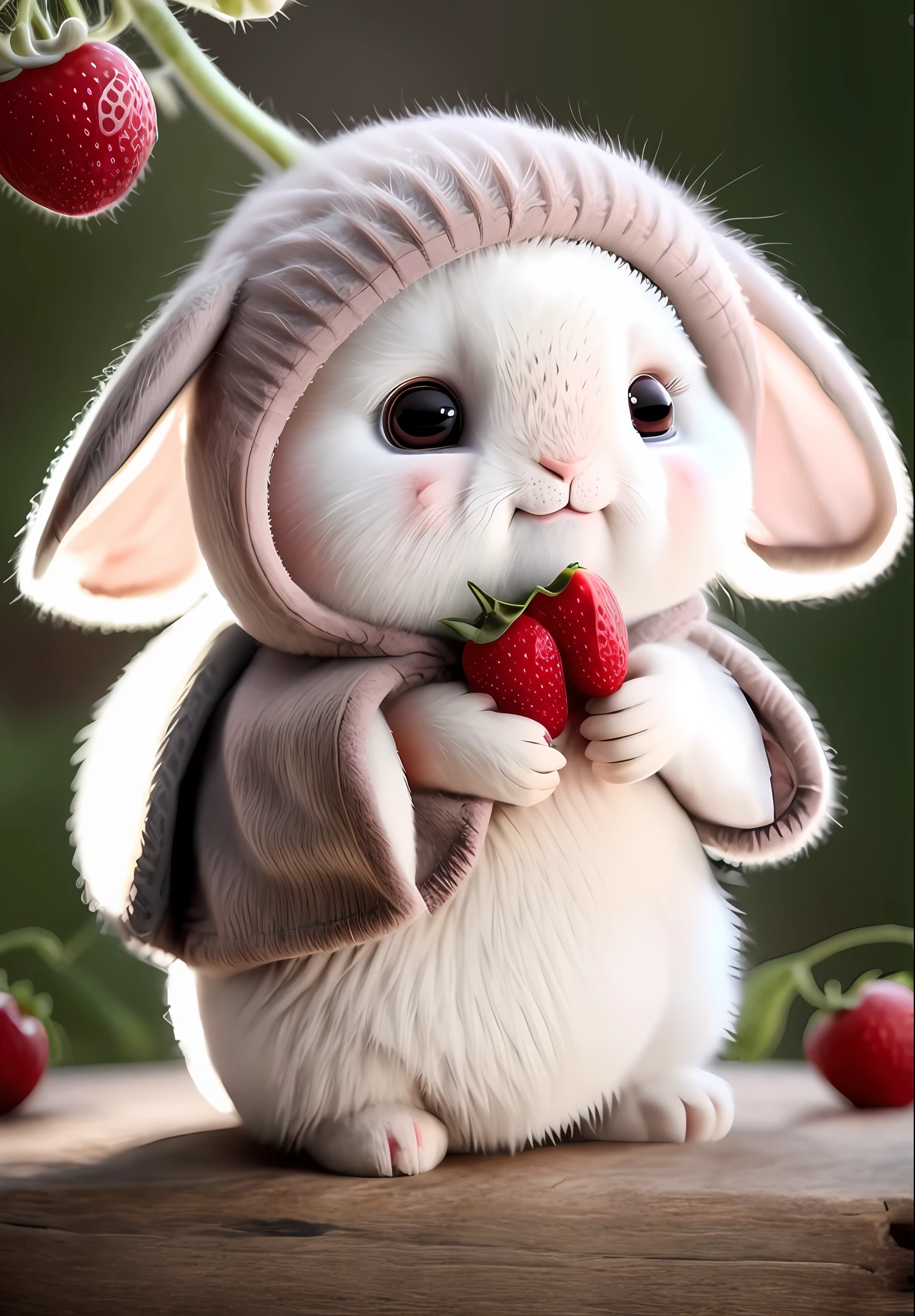 : 3. Rabbit, realistic, hairy, clothed animal, apple, dark circles, blush, cherry, food, fruit, full body, hat, non-human, strawberry, tomato, watermelon