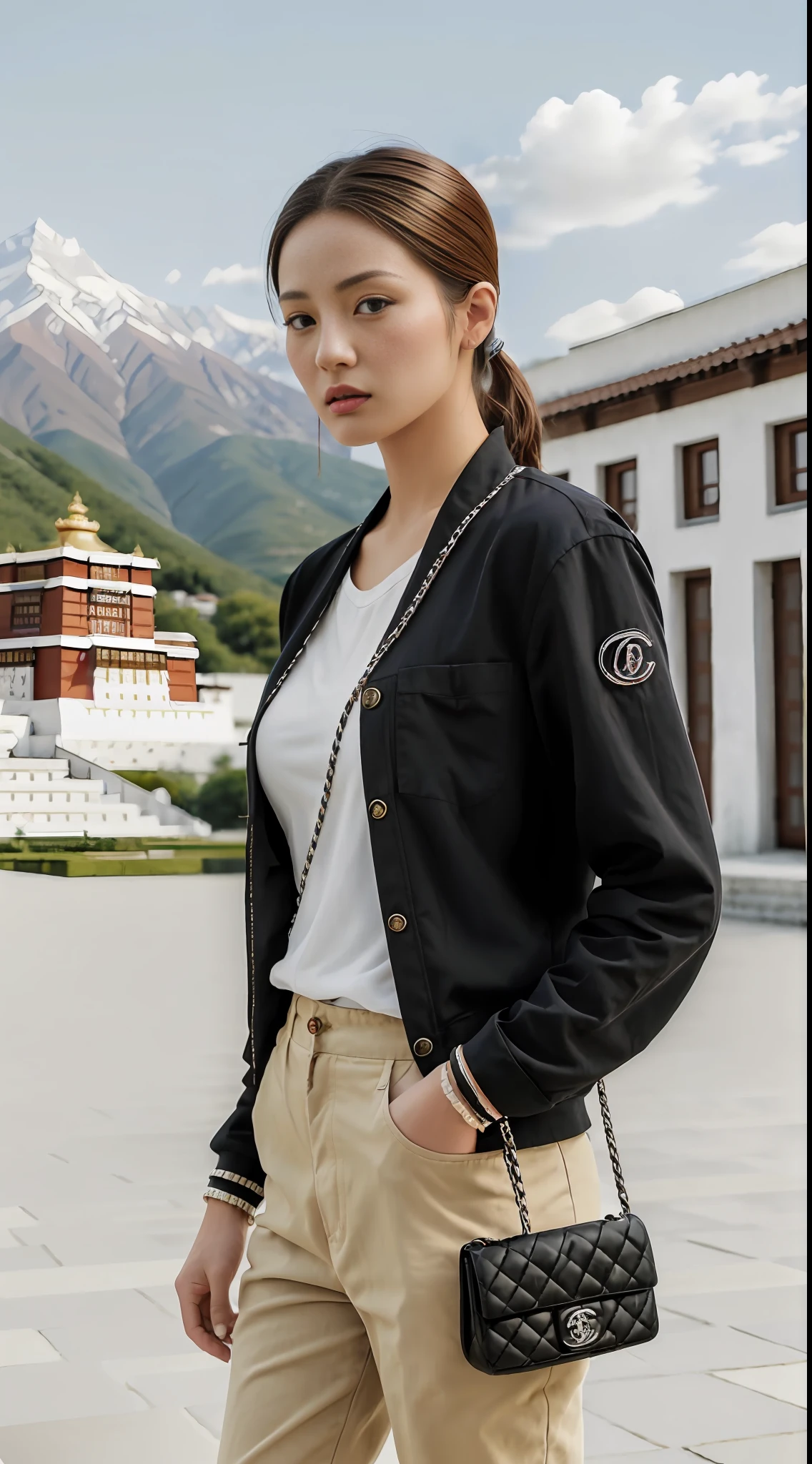 E-commerce female model photography, the background of Potala Palace in Tibet, the model height of 1.68, wearing the Korean version of clothes, shoulder (Chanel mini bag: 0.6), (realistic: 1.4), lower half wearing Korean pants, soft lighting, masterpieces, best quality, super realistic details, commercial photography, dynamic pose, 3D C4D, film, super realistic painting, 8k, midjourney art