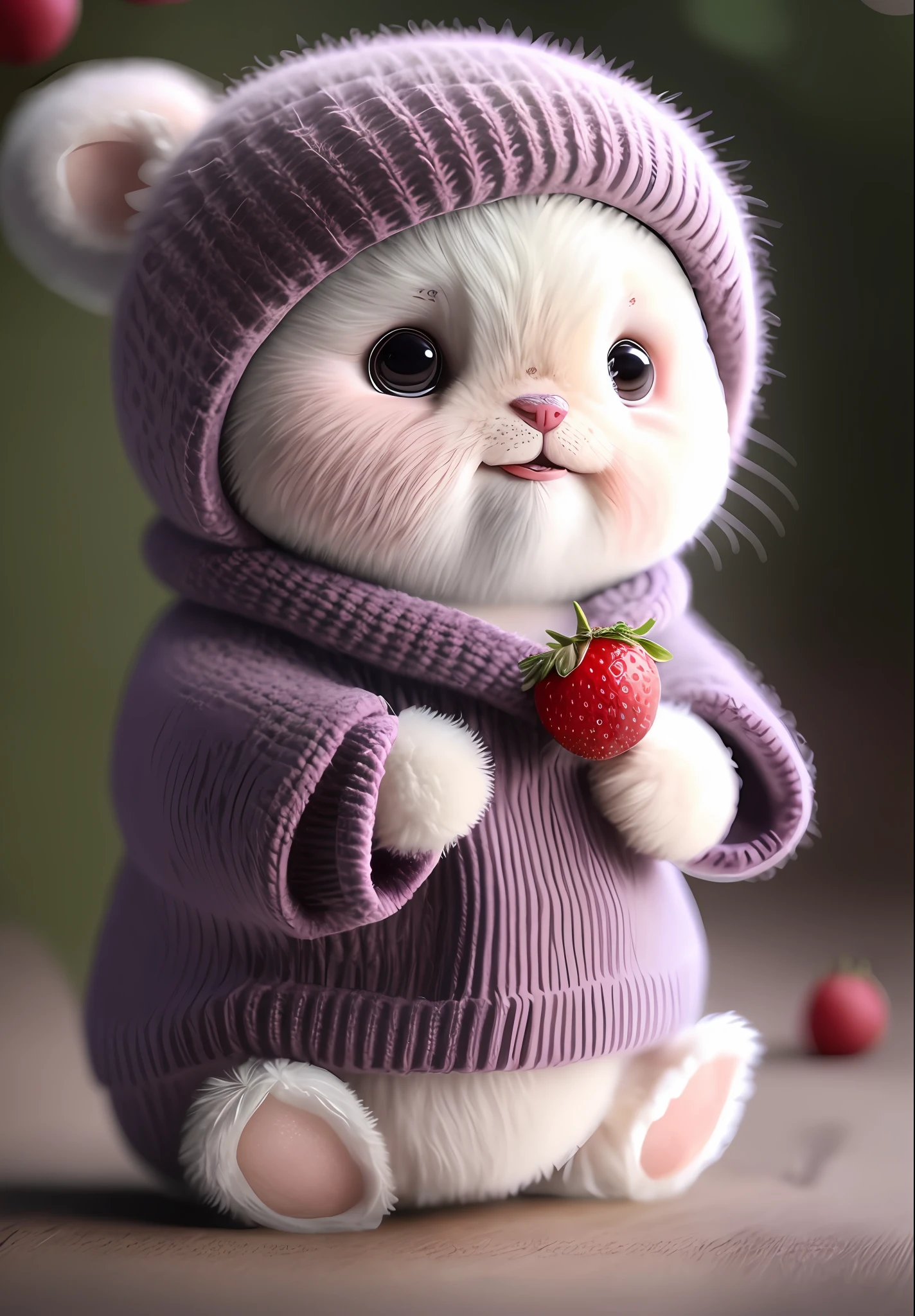 Teddy, realistic, hairy, clothed animal, plum, dark circles, blush, blueberry, food, fruit, full body, hat, non-human, strawberry, tomato, mango