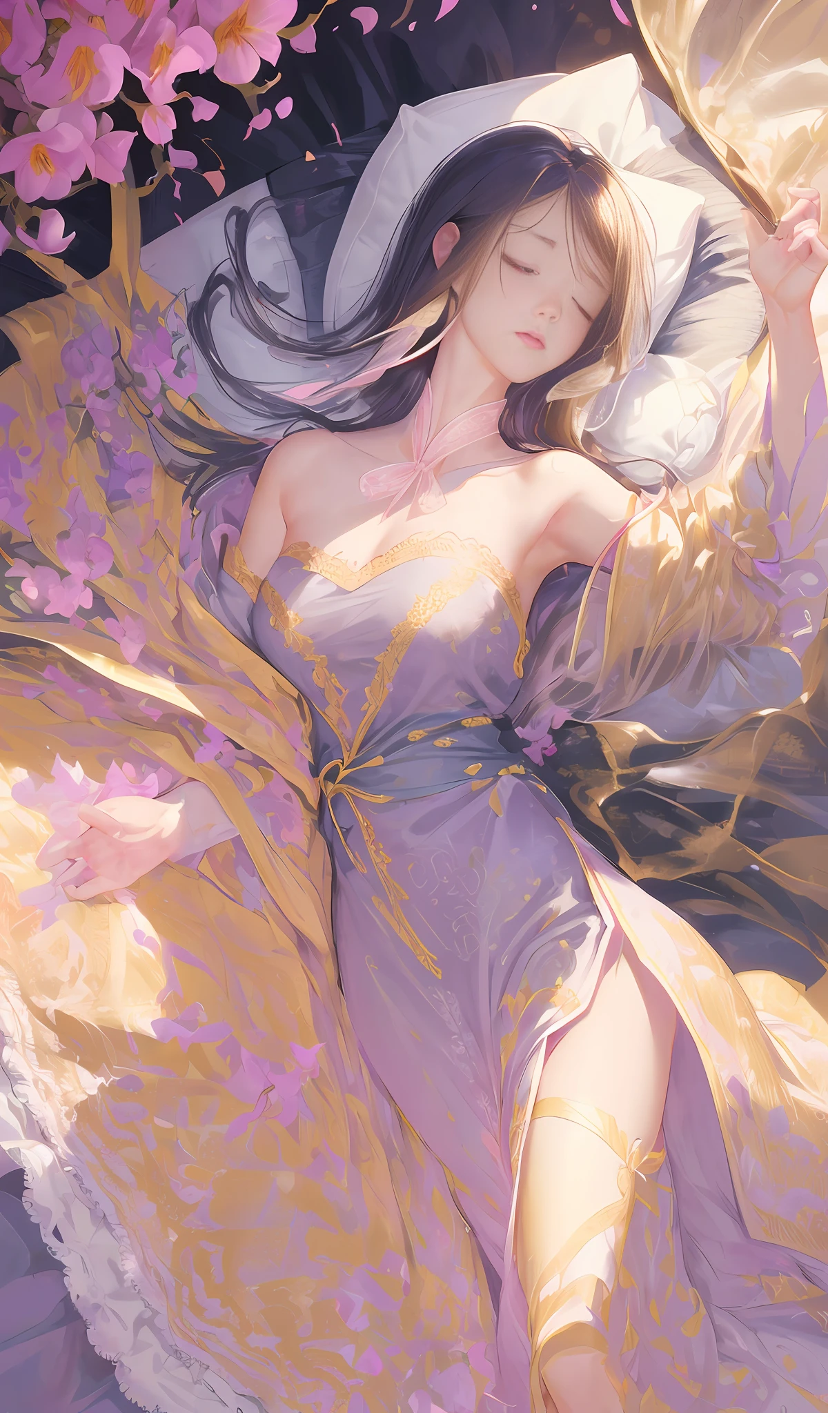 Lace, ribbon, Hanfu, (masterpiece, sidelighting: 1.2), masterpiece, realistic, shiny hair, shiny skin, solo, strapless, soft navel, exquisite, particles, golden light, sleeping, on the bed, pillow , ((flowers)), complex background, blurred foreground, beautifly, navel,(sleeping:1.2),