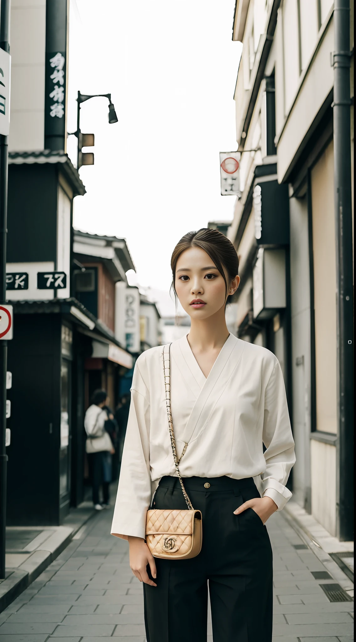 E-commerce female model photography, street background in Tokyo, Japan, the model is 1.68 tall, wearing Korean clothes on the top, with a shoulder (Chanel mini bag: 0.6), (realistic: 1.4), lower half wearing Korean pants, soft lighting, masterpieces, best quality, super realistic details, commercial photography, dynamic pose, 3D C4D, film, super realistic painting, 8k, midjourney art