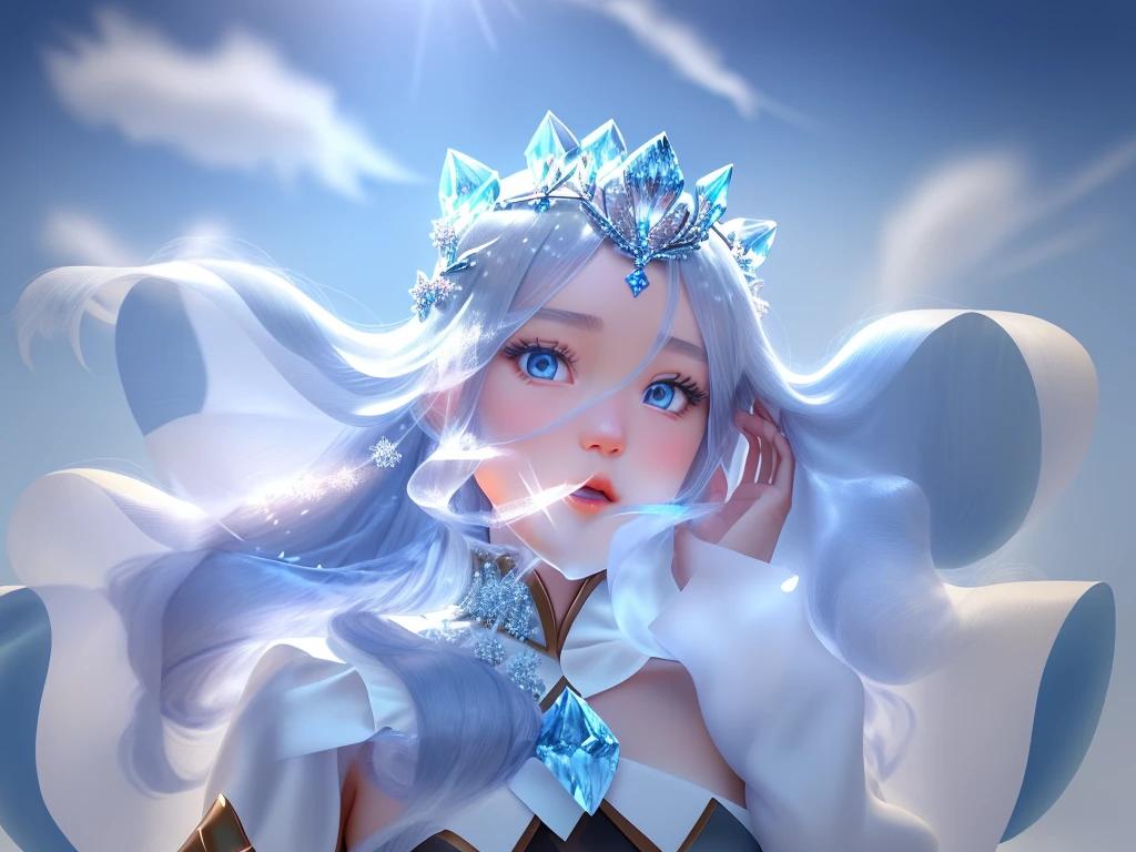 Fair-skinned beauty girl, light blue long wavy hair, wearing a crystal crown, cold eyes, wearing a princess dress inlaid with sapphires, standing in the ice and snow covered with snowflakes, blue sky --v 6