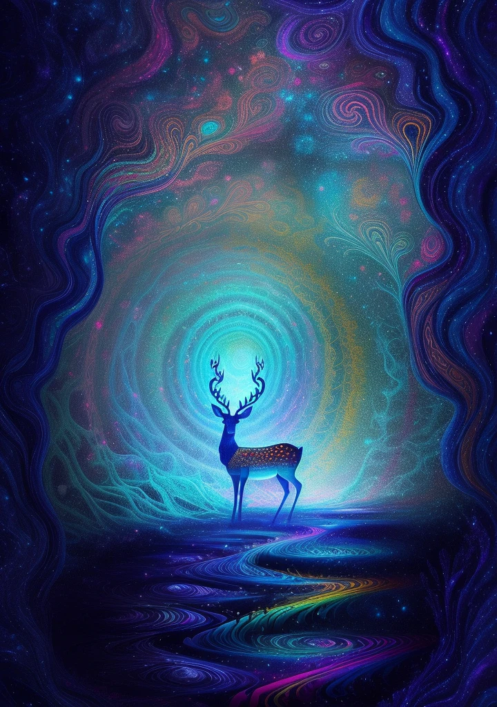 (Psychedelic painting of a deer standing in front of a colorful swirl), ((multi-slit big antlers, stag, big head)), light and shadow, waves, multi-layered, foreground, distant view, fractal Thunder Dan Mumford, Dan Mount Ford and Alex Gray style, psychedelic surreal art, surreal psychedelic design, fantasy art style, illusion psychedelic art, infinite psychedelic waves, inspired by Cyril Rolando, Real ripple structure, psychedelic art style, psychedelic art, psychedelic illustration--V6