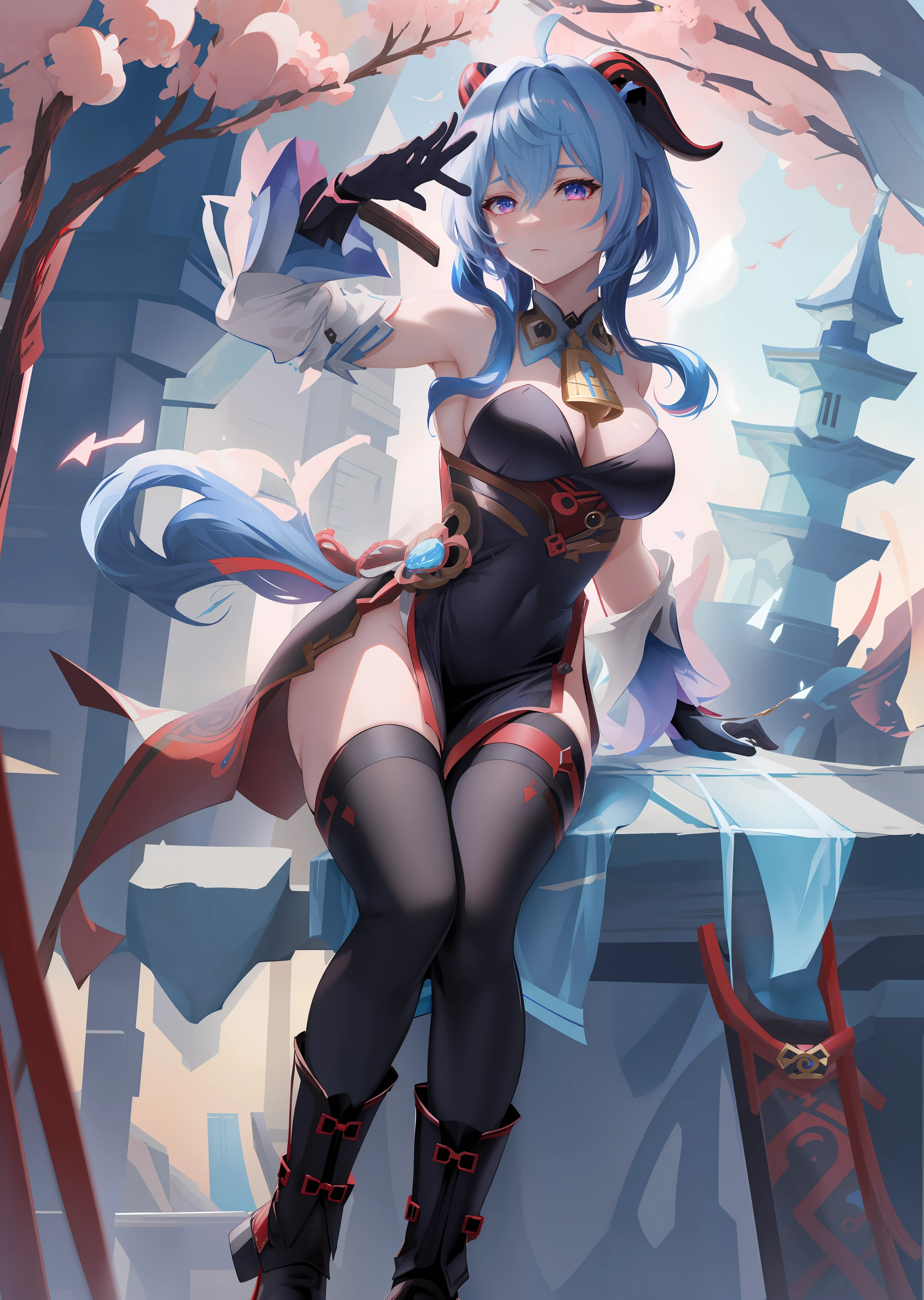 (Ganyu), (Genshin Impact), perfect face, gradient eyes, blue eyes, pink eyes, Gradient hair, Blue hair, black hair, horn, black police cap, red tie, black tight low-cut dress, black long gloves, black leather boots, strapless thighs, big breasts, cleavage, anime style, (detailed background, public place)