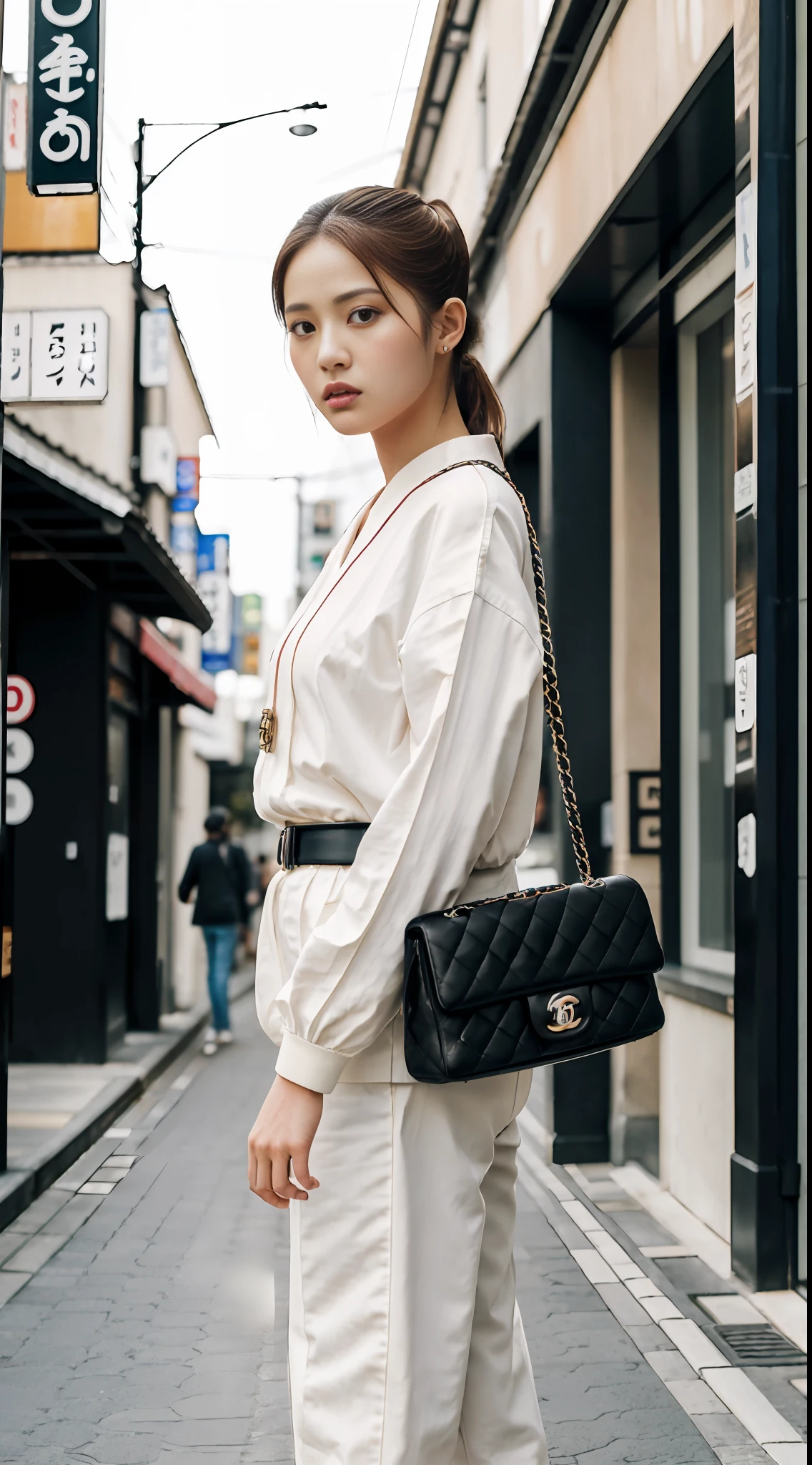 E-commerce female model photography, street background in Tokyo, Japan, the model is 1.68 tall, wearing Korean clothes on the top, with a shoulder (Chanel mini bag: 0.6), (realistic: 1.4), lower half wearing Korean pants, soft lighting, masterpieces, best quality, super realistic details, commercial photography, dynamic pose, 3D C4D, film, super realistic painting, 8k, midjourney art