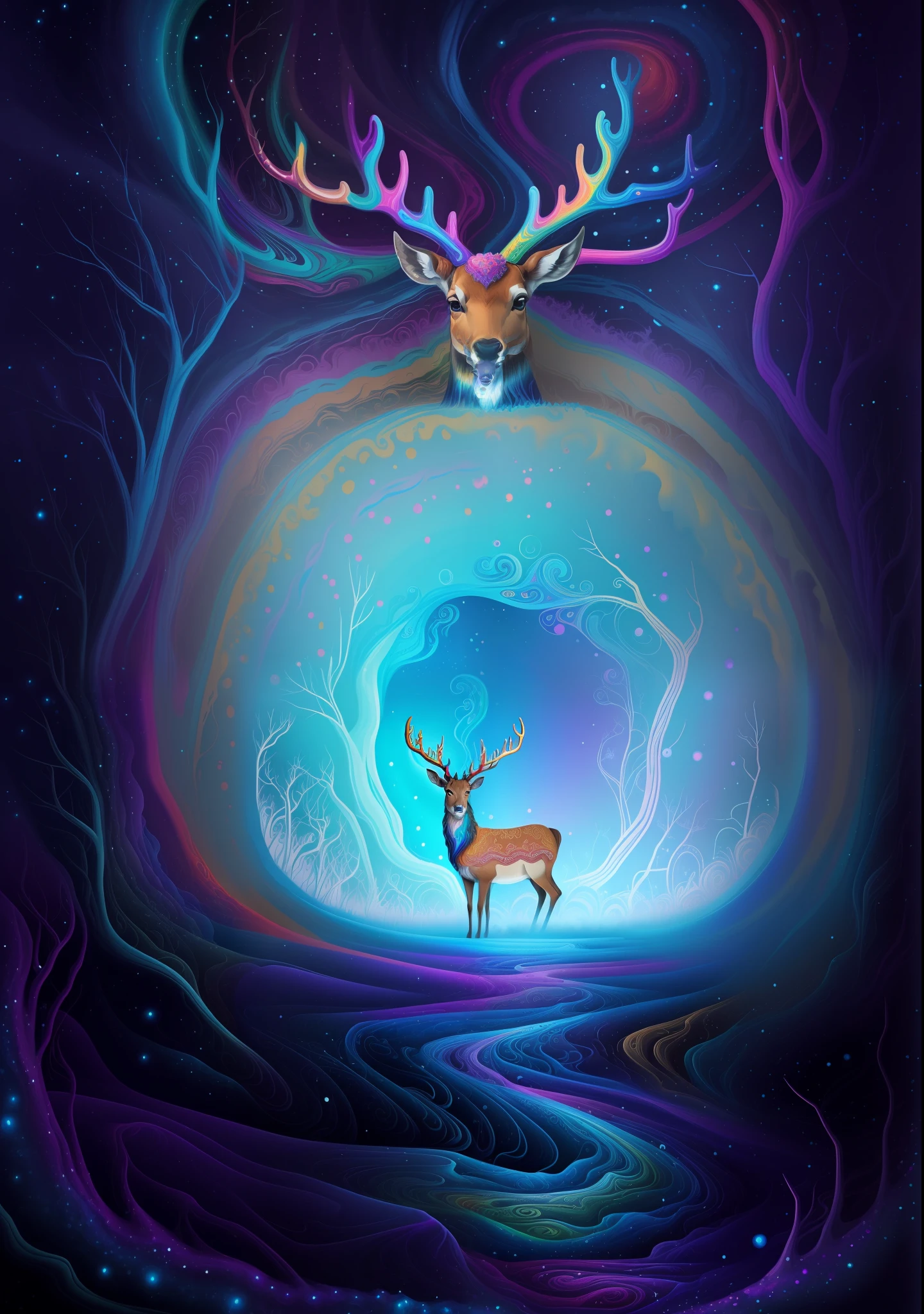 (Psychedelic painting of a deer standing in front of a swirl of colors), ((big antlers, stag, big head)), wave, multi-layered, foreground, perspective, fractal thunder Dan Mumford, Dan Mumford and alex gray style, psychedelic surreal art, surreal psychedelic design, fantasy art style, illusion psychedelic art, infinite psychedelic waves, inspired by cyril rolando, real Ripple structure, psychedelic art style, psychedelic art, psychedelic illustration--V6