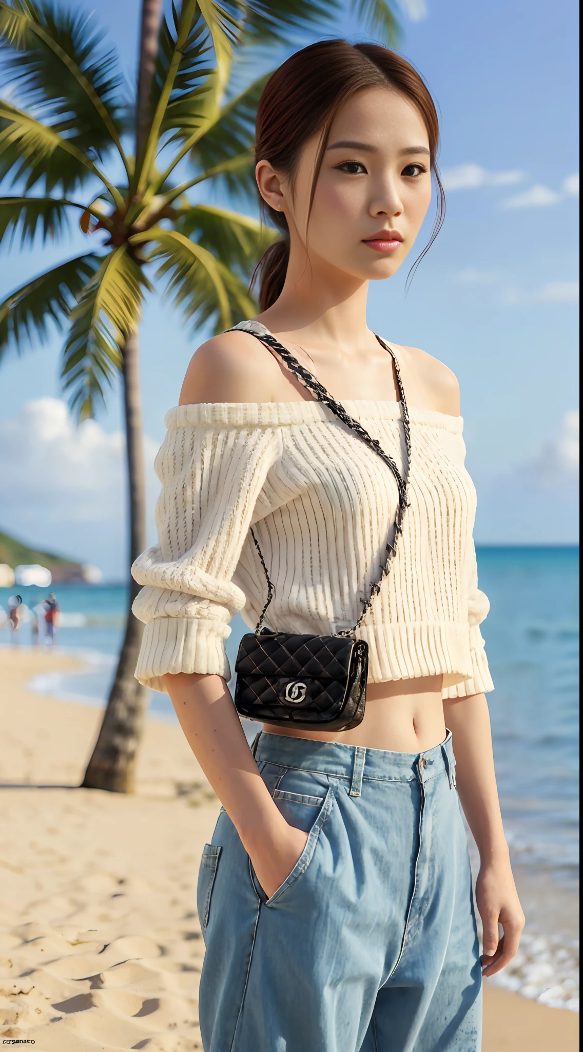 E-commerce female model photography, Hawaii seaside background, the model height of 1.68, wearing Korean clothes on the top, shoulder (Chanel mini bag: 0.6), (realistic: 1.4), lower half wearing Korean pants, soft lighting, masterpieces, best quality, super realistic details, commercial photography, dynamic pose, 3D C4D, film, super realistic painting, 8k, midjourney art