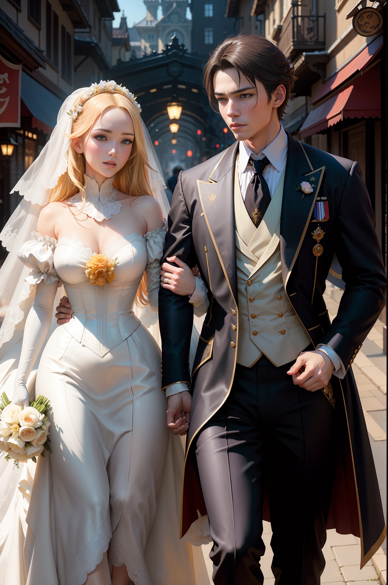 masterpiece, highest quality, (perfect faces:1.1) , (high detail:1.1), bride and groom walking down a street in a wedding dress, artwork in the style of guweiz, wlop and ross tran, wlop and andrei riabovitchev, makoto shinkai and tom bagshaw, ross tran and wlop, guweiz at artstation pixiv, masterpiece by guweiz, prince in victorian european groom suit, woman in victorian wedding dress, street with flowers, Scene from 1800, fantasy, bride in the foreground with groom in the background, themed in scene bride leaves groom,Blond European groom in a European prince costume, street decorated with many flowers