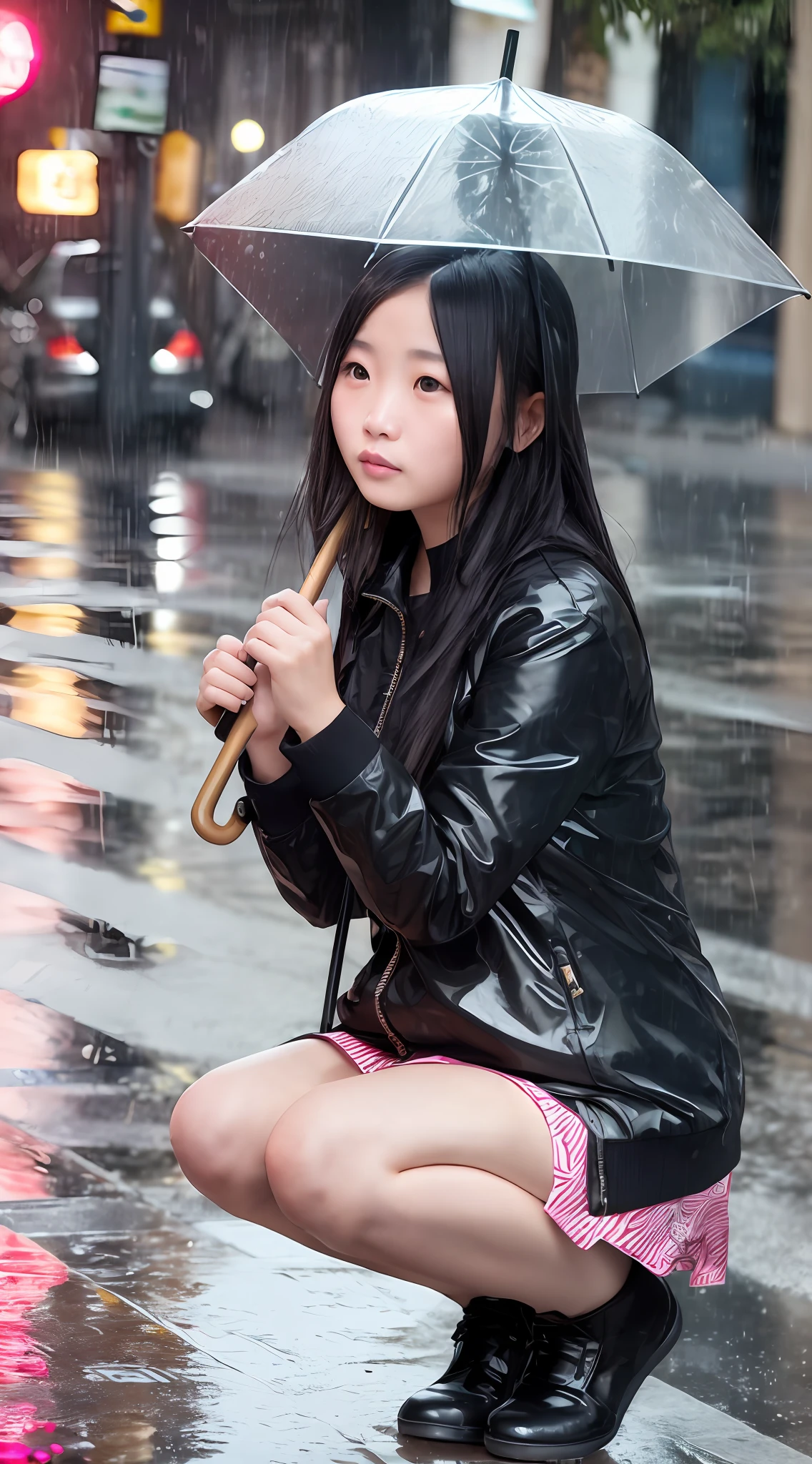 Street photography, a beautiful Chinese girl holding an umbrella and squatting on the street corner, heavy rain, lonely, poor, fallen leaves, zebra crossing, road, few vehicles and pedestrians, realistic effect