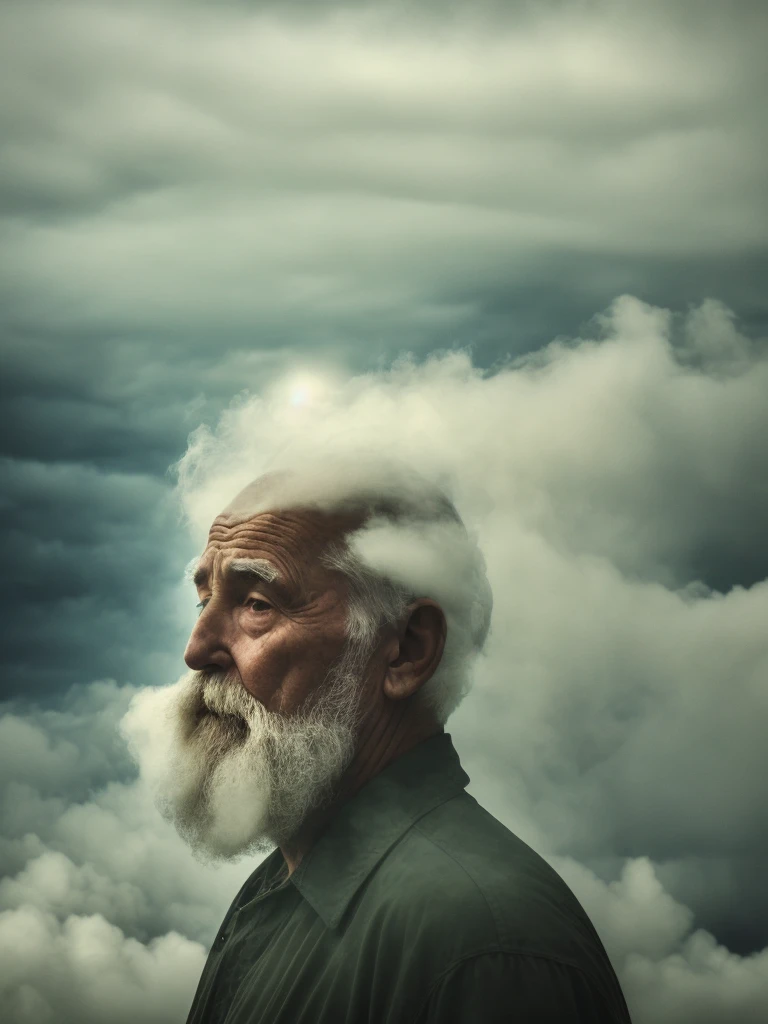 there is an old man that is standing in the clouds, face in the clouds, mist rising from his head, old man clouds, face made out of clouds, atmospheric portrait, in clouds of smoke, surrounded in clouds and light, dissolving into the air, in a cloud, in clouds, among the clouds, covered in clouds, he is approaching heaven