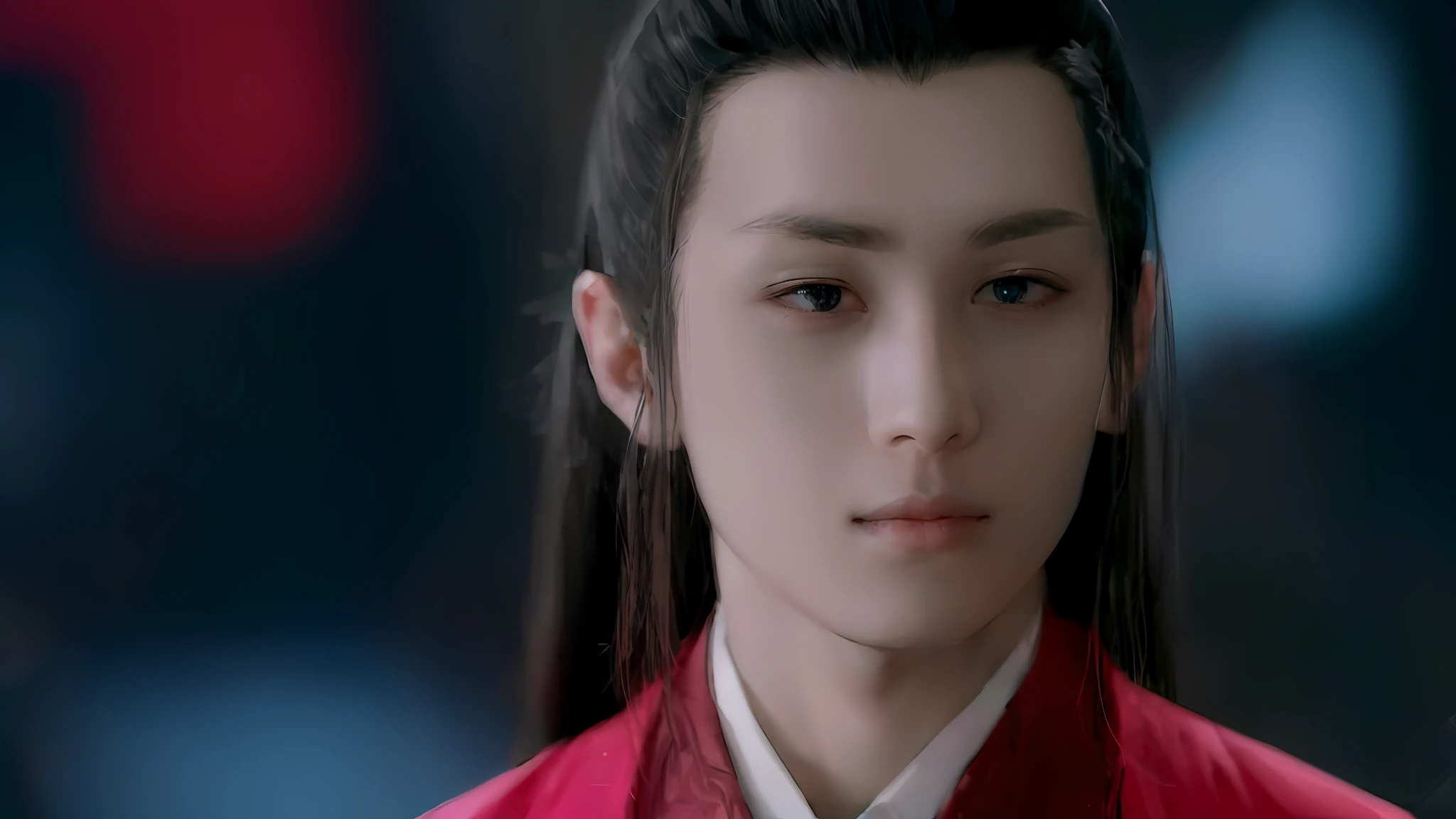 (Male: 1.1), [Monochrome: Pastel Color: 0.6] Theme, (Masterpiece), (Best Quality), (Detail), Light Layer, Glossy Skin, (Complicated Details: 1.1), Black Hair, Long hair, black eyes, fairy hero, sad