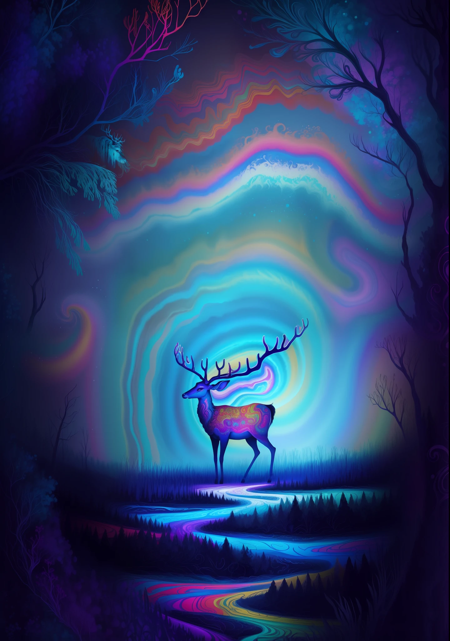 (Psychedelic painting of a deer standing in front of a swirl of colors), ((big antlers, stag, big head)), wave, multi-layered, foreground, perspective, fractal thunder Dan Mumford, Dan Mumford and alex gray style, psychedelic surreal art, surreal psychedelic design, fantasy art style, illusion psychedelic art, infinite psychedelic waves, inspired by cyril rolando, real Ripple structure, psychedelic art style, psychedelic art, psychedelic illustration--V6