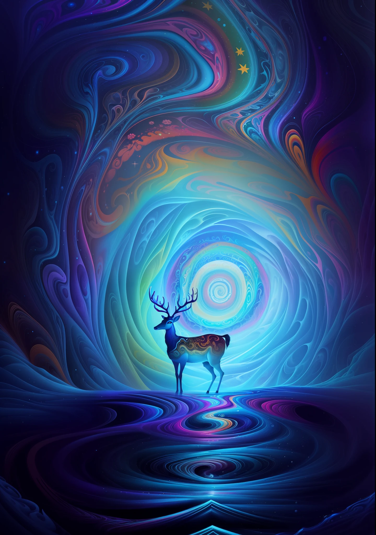 (Psychedelic painting of a deer standing in front of a colorful swirl), ((multiple antlers, stag, big head)), bright colors, thick lines, waves, multiple layers, foreground, perspective, fractal Thunder Dan Mumford , Dan Mumford and Alex Gray style, psychedelic surreal art, surreal psychedelic design, dream art style, illusion psychedelic art, infinite psychedelic waves, inspired by Cyril Rolando Rolando), realistic ripple structure, psychedelic art style, psychedelic art, psychedelic illustration -- V6