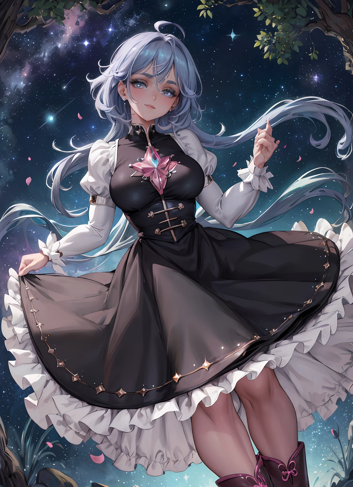 ((magical girl)), ((gorgeous starry sky background)), ((ultra-detailed)), ((best illustration)), ((cinematic lighting)), dynamic angle, floating, finely detailed, (glitter:1.2), (sparkle:1.2), (shine:1.2), classic, (painting:1.1), (sketch:1.1), (best quality), (masterpiece:1.2), (anime style), (solo), beautiful detailed face, (cute face:1.3), (big eyes:1.3), colorful hair, (long hair:1.2), (floating hair:1.2), (magical girl outfit), detailed outfit, (sparkling wand:1.3), (magical effects:1.3), (flowing skirt:1.2), (cute boots:1.1), (transparent fabric:1.1), (twinkle:1.2), (glow:1.2), (radiance:1.2), (flicker:1.2), (dazzle:1.2) (extremely detailed 8k wallpaper),a medium shot photo of a fearful necromancer, intricate, high detail, dramatic,8k,((masterpiece,ultra-detailed, intricate details, mid quality,illustration)),1girl, solo, highres, looking at viewer, brown and pastel blue hair, short hair, black t-shirt, smiling, wearing t-shirt, wearing black jeans,black earings,street, cherry tree, petals falling, sunlight shining through, solar system, feminine, empowered, beautiful, detailed,wide shot, blush, pretty