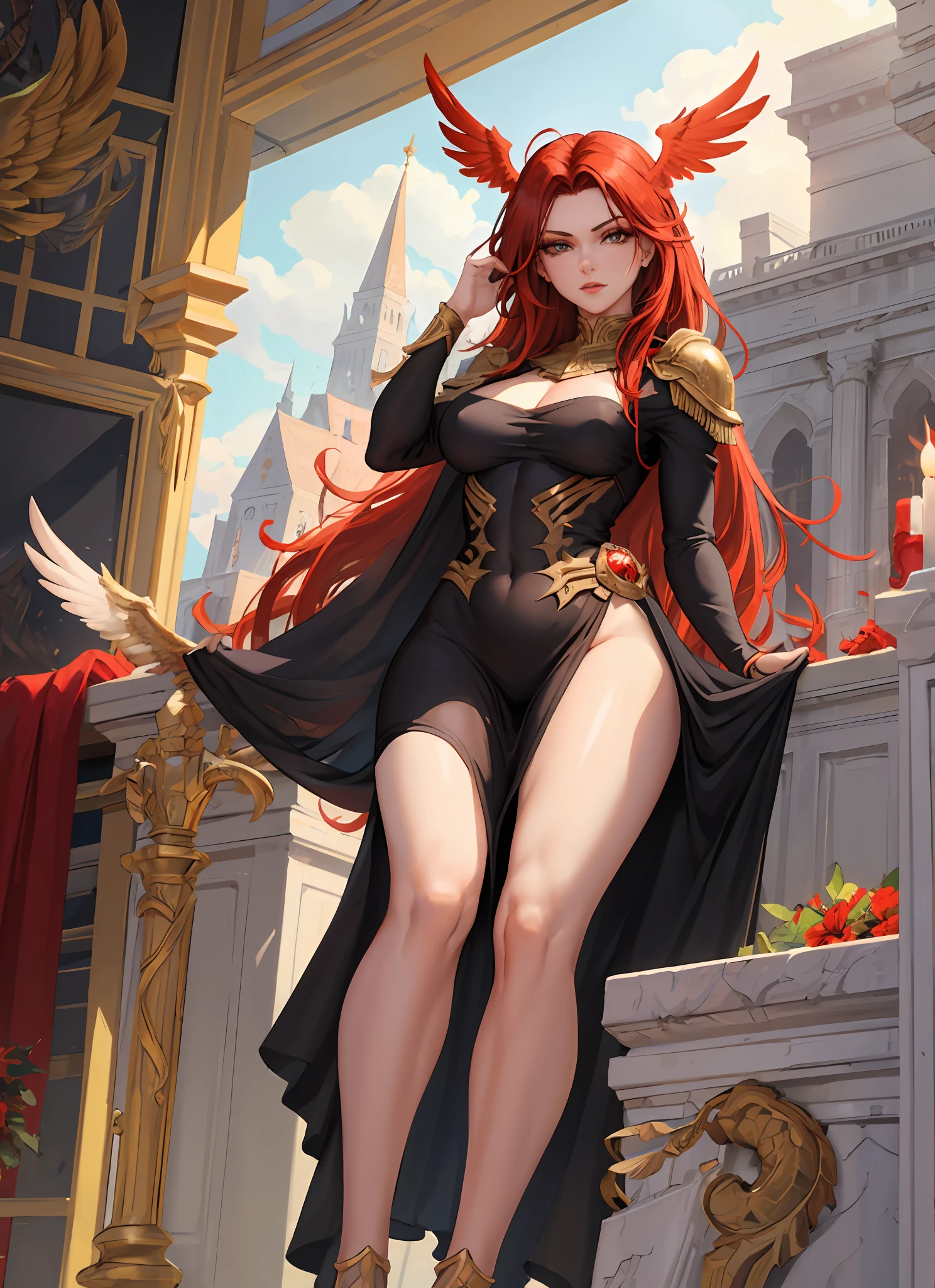 1girl, beautiful, perfect lighting, thighs, female, milf, navel, abs, looking at viewer (masterpiece, high quality:1.1) valkyrie, pale skin, winged helmet, red hair,hawk wings,flying, sky,leg muscles,long hair, elden ring, melenia , scarlet, wings of flowers, golden helmet with wings, dress , golden arm