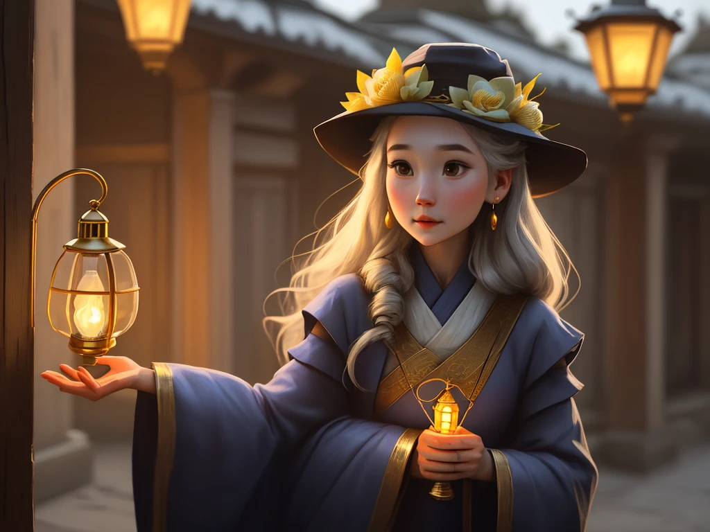 Lantern Girl-2.5D realistic 1girl. A cute girl in ancient costume is wearing a hat and holding a lantern. She wears a flower pin and earrings on her long hair. She holds a blue rose in her hand. She wears long sleeves on her upper body and holds a gold-plated lamp in one hand. , lightly raising the bell with the other hand, looking very dignified and majestic.