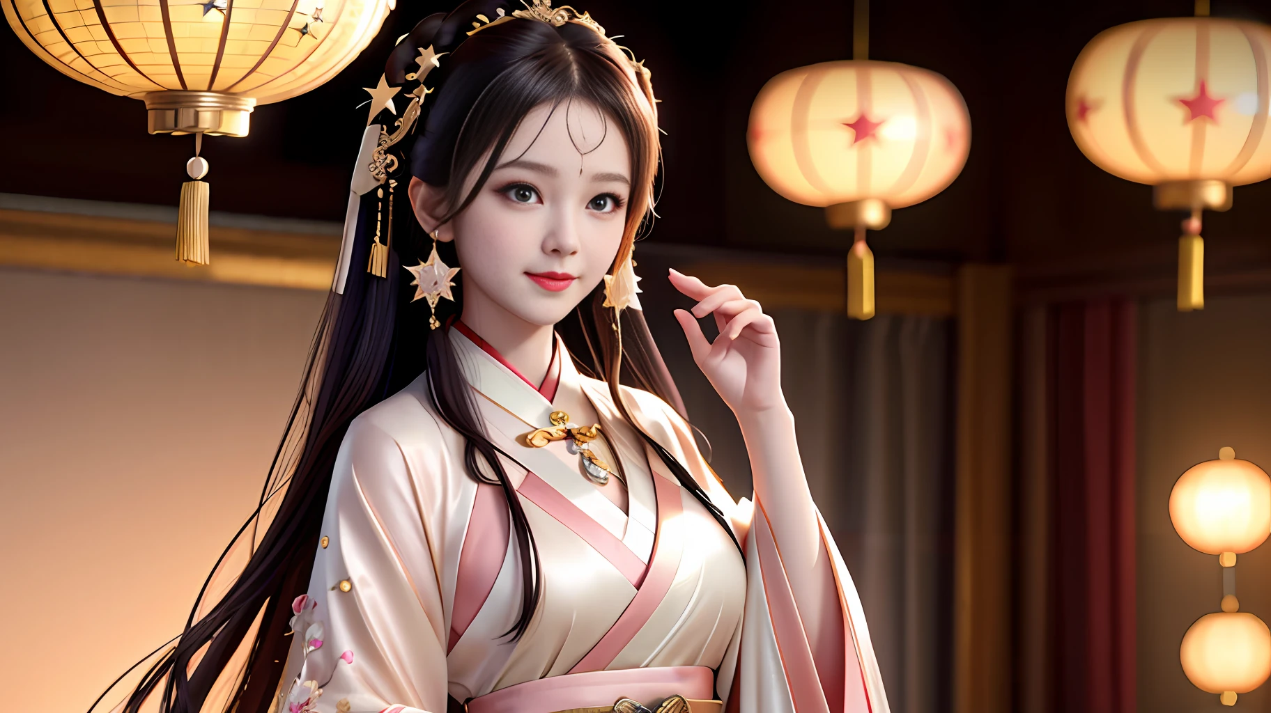best quality, masterpiece, highres, 1girl,blush,(seductive smile:0.8),star-shaped pupils,china hanfu,hair ornament,necklace, jewelry,Beautiful face,upon_body, tyndall effect,photorealistic, dark studio, rim lighting, two tone lighting,(high detailed skin:1.2), 8k uhd, dslr, soft lighting, high quality, volumetric lighting, candid, Photograph, high resolution, 4k, 8k, Bokeh