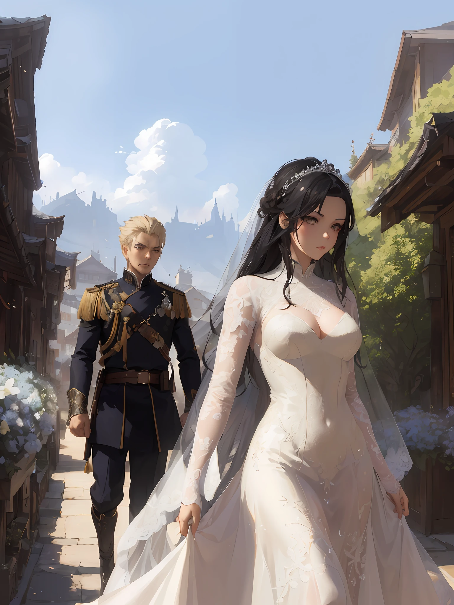 bride in three-quarter shot with groom in the background in full body shot walking down a street in a medieval setting while leaving him in a dramatic scene, (((woman Huy de man))), artwork in the style of guweiz, wlop and ross tran, guweiz masterpiece, wlop and andrei riabovitchev, guweiz, guweiz at artstation pixiv, wlop and sakimichan, ross tran and wlop, black haired woman, muscular man with blonde hair