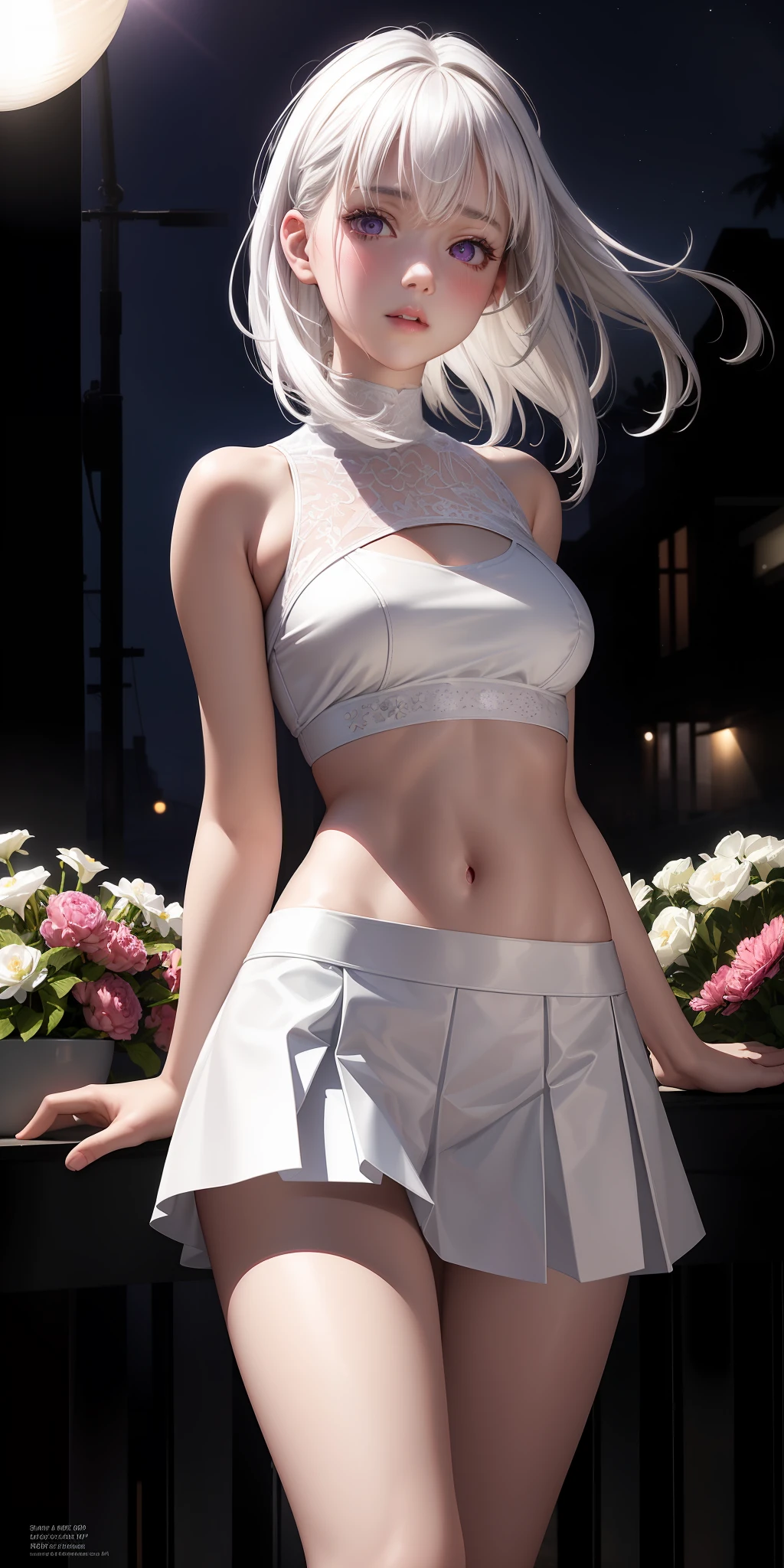 Realistic, 1girl, white hair, purple eyes, glowing eyes, cropped top, skirt, parted lips, blush, night, flowers, sun, sunlight, white skirt, short skirt, medium length hair, real, warm colors, white short Dress, white clothes, light background color, day environment, bright color background, saudi, ocean, cute,