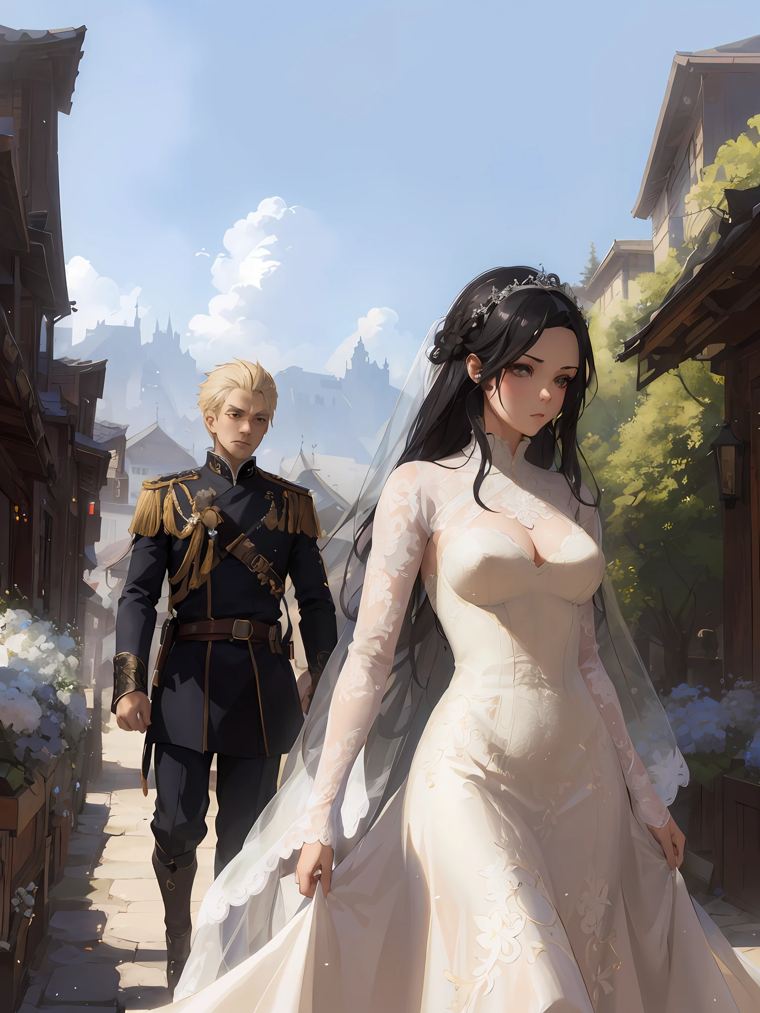 bride in three-quarter shot with groom in the background in full body shot walking down a street in a medieval setting while leaving him in a dramatic scene, (((woman Huy de man))), artwork in the style of guweiz, wlop and ross tran, guweiz masterpiece, wlop and andrei riabovitchev, guweiz, guweiz at artstation pixiv, wlop and sakimichan, ross tran and wlop, black haired woman, muscular man with blonde hair