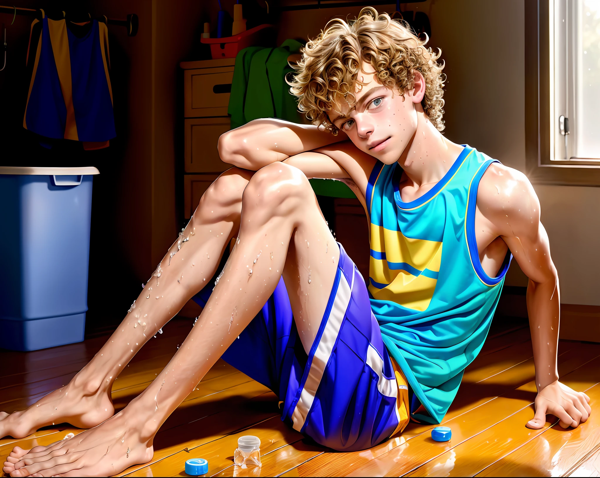 jace norman, sweaty teen boy, sitting on the floor with legs straight, sitting far from camera, whole body, braces, age 16, wavy curly hair, bare feet, wearing sleeveless t-shirt with dropped armhole, sitting far from the camera, hands behind head, short fine armpit hair, flexing, veiny arms, cute, tall, arms behind head, short wispy armpit hair showing, lean, not muscular, wispy pubes, teen boy masterpiece, high resolution, feet visible, no shoes, very dirty feet, skinny, tall, nice boy feet, teen boy feet, skinky feet, boy feet, foot fetish, tall boy, teen boy, braces, best quality, sticky armpit hair, sticky, glue on floor, wet floor, sticky clothes, drops on underwear, drops on shorts, sticky on shorts, drops on floor,, sweaty face, sweaty hair