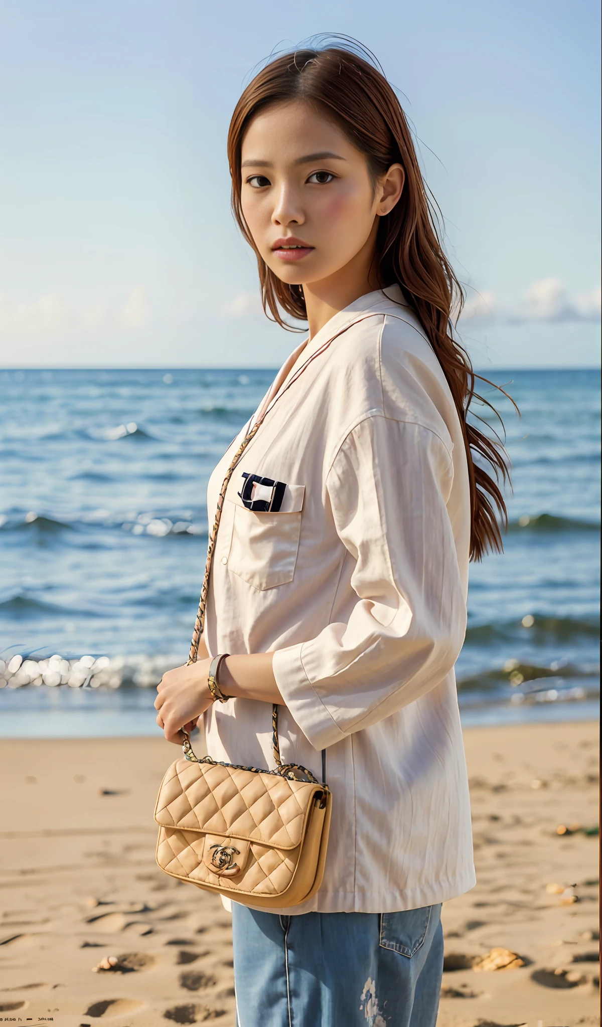 E-commerce female model photography, Hawaii seaside background, the model height of 1.68, wearing Korean clothes on the top, shoulder (Chanel mini bag: 0.6), (realistic: 1.4), lower half wearing Korean pants, soft lighting, masterpieces, best quality, super realistic details, commercial photography, dynamic pose, 3D C4D, film, super realistic painting, 8k, midjourney art