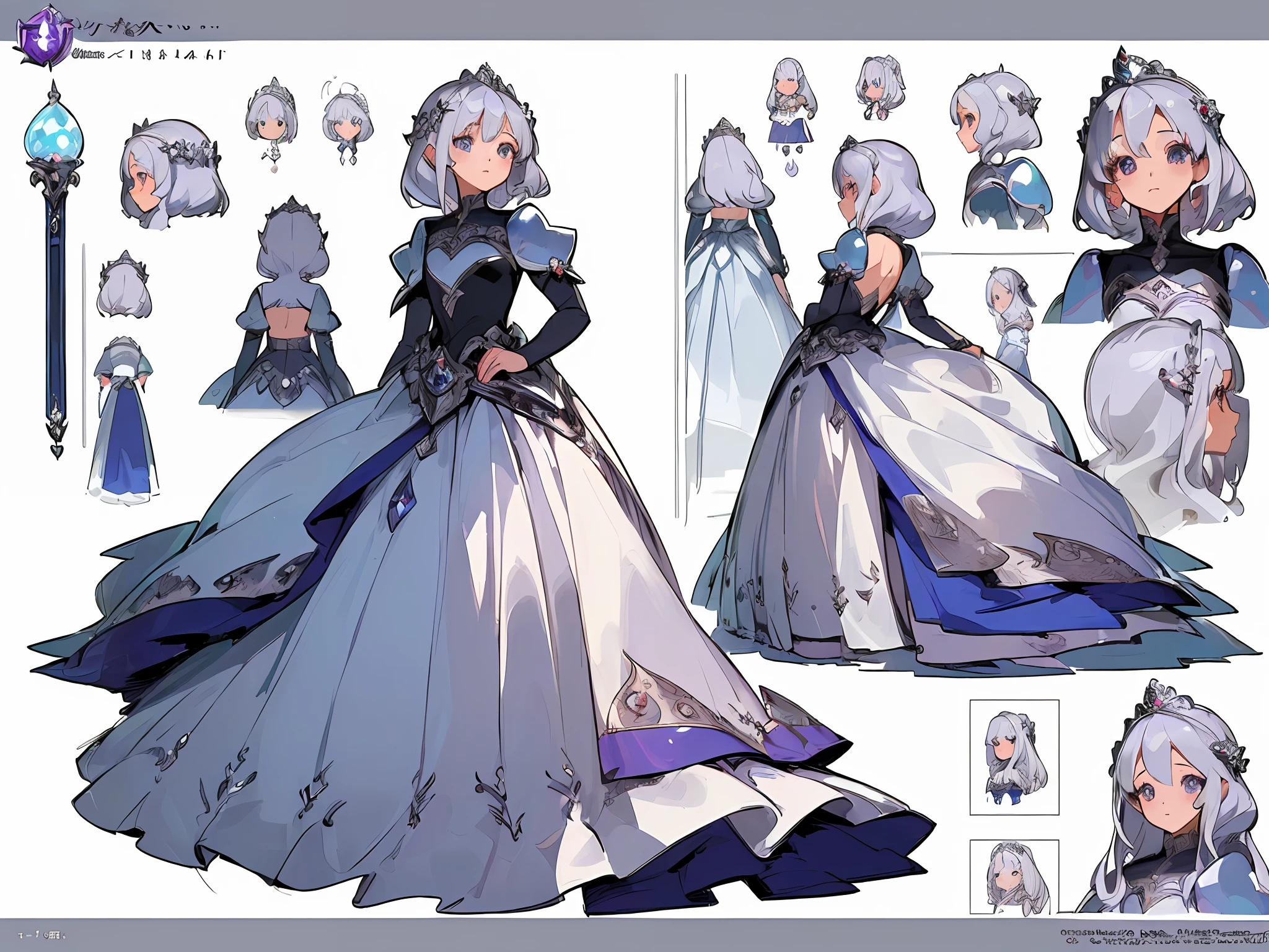 ((masterpiece)),(((best quality))),(character design sheet,same character,front,side,back),illustration,1 girl,silver hair,princess cut,hair on eyes,beautiful eyes,environment Scene change, pose too, gorgeous princess dress, magic, charturnbetalora, (simple background, white background: 1.3)