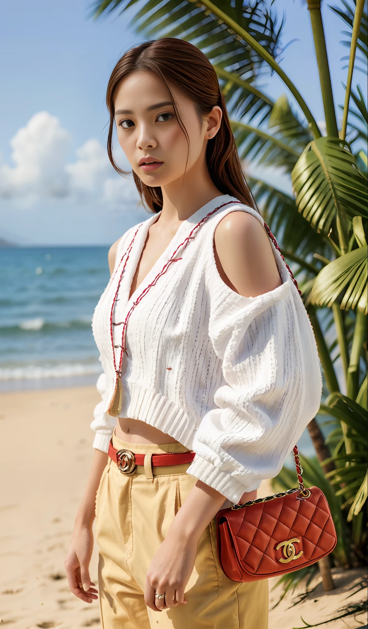 E-commerce female model photography, Hawaii seaside background, the model height of 1.68, wearing Korean clothes on the top, shoulder (Chanel mini bag: 0.6), (realistic: 1.4), lower half wearing Korean pants, soft lighting, masterpieces, best quality, super realistic details, commercial photography, dynamic pose, 3D C4D, film, super realistic painting, 8k, midjourney art