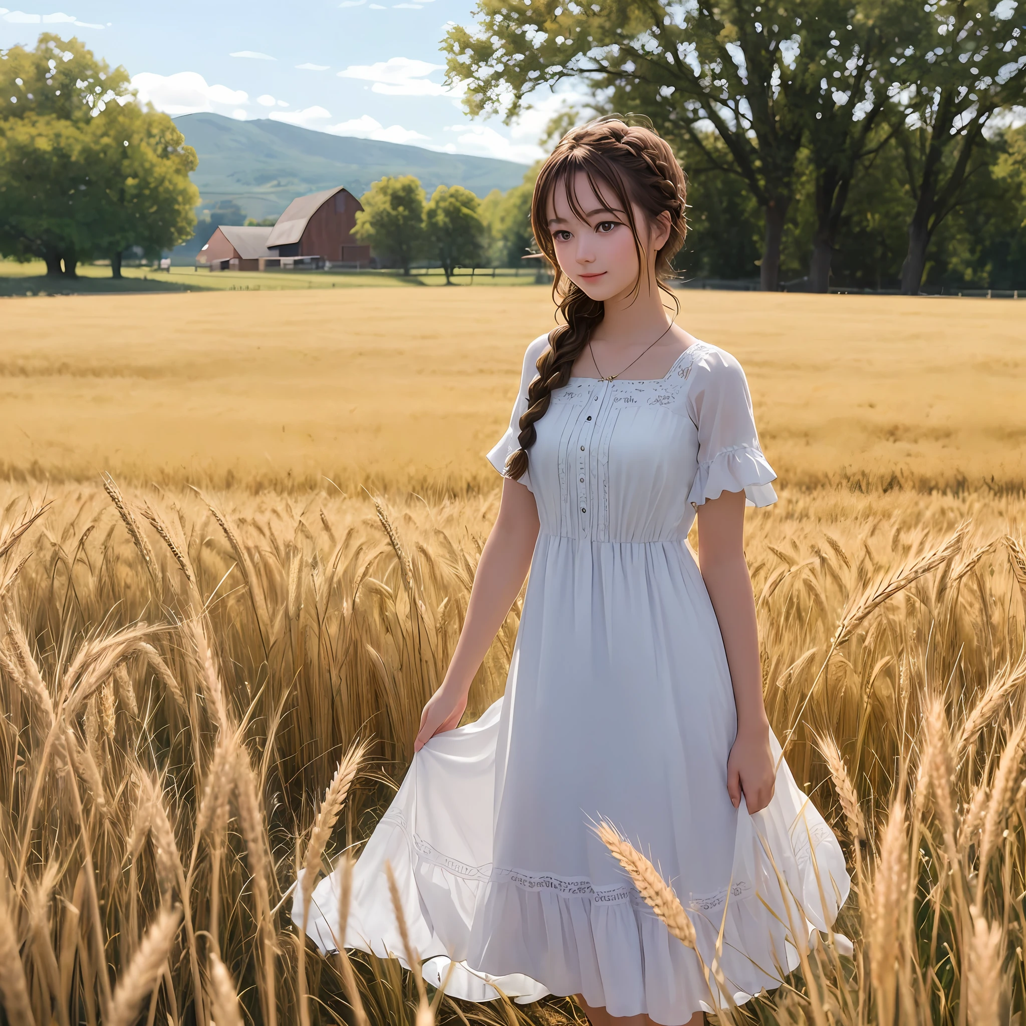 1girl, 20 years old, tall and attractive, wearing a cute country dress, hair braided, standing in a rustic farm setting. She has a soft, gentle smile and expressive eyes. In the background are charming barns, golden wheat fields and clear blue skies. The composition should be bathed in warm golden hour light, with soft depth of field and soft bokeh to accentuate the idyllic tranquility. Capture images as if they were shot on vintage 35mm film for added oomph, filmg,