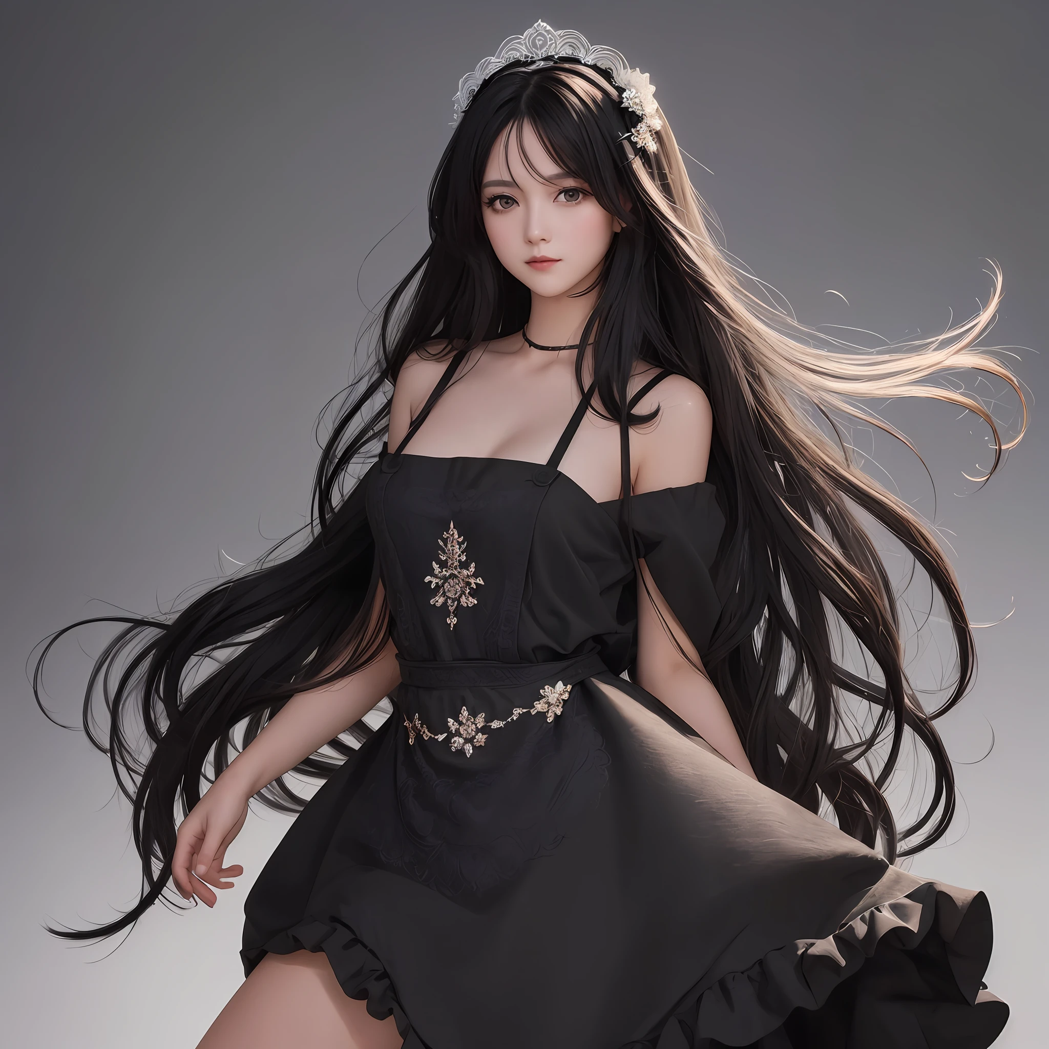 (masterpiece), (extreme), (super detail), (messy hair), (illustration), (1 girl) (black long hair 1.5) (bright black eyes) (shoulder length hair 2.0), (very Detail of apron), sexy pose, charming figure, standing, fashion model, looking at audience, (interview), (simple background), beautiful detailed eyes, delicate pretty face, floating, (high saturation), (soft background light), focus on the face