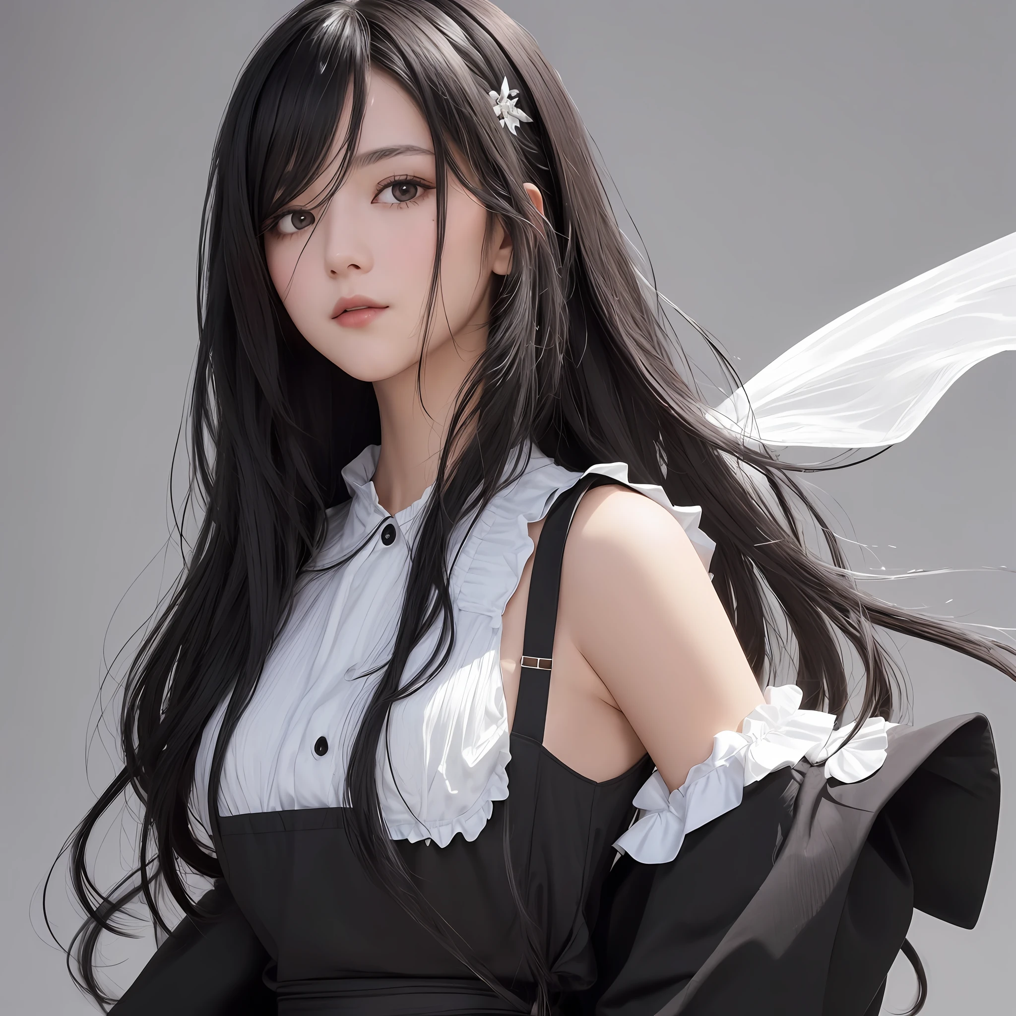 (masterpiece), (extreme), (super detail), (messy hair), (illustration), (1 girl) (black long hair 1.5) (bright black eyes) (shoulder length hair 2.0), (very Detail of apron), sexy pose, charming figure, standing, fashion model, looking at audience, (interview), (simple background), beautiful detailed eyes, delicate pretty face, floating, (high saturation), (soft background light), focus on the face