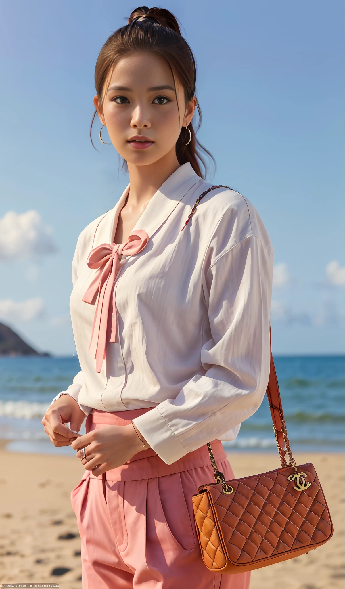 E-commerce female model photography, Hawaii seaside background, the model height of 1.68, wearing Korean clothes on the top, shoulder (Chanel mini bag: 0.6), (realistic: 1.4), lower half wearing Korean pants, soft lighting, masterpieces, best quality, super realistic details, commercial photography, dynamic pose, 3D C4D, film, super realistic painting, 8k, midjourney art