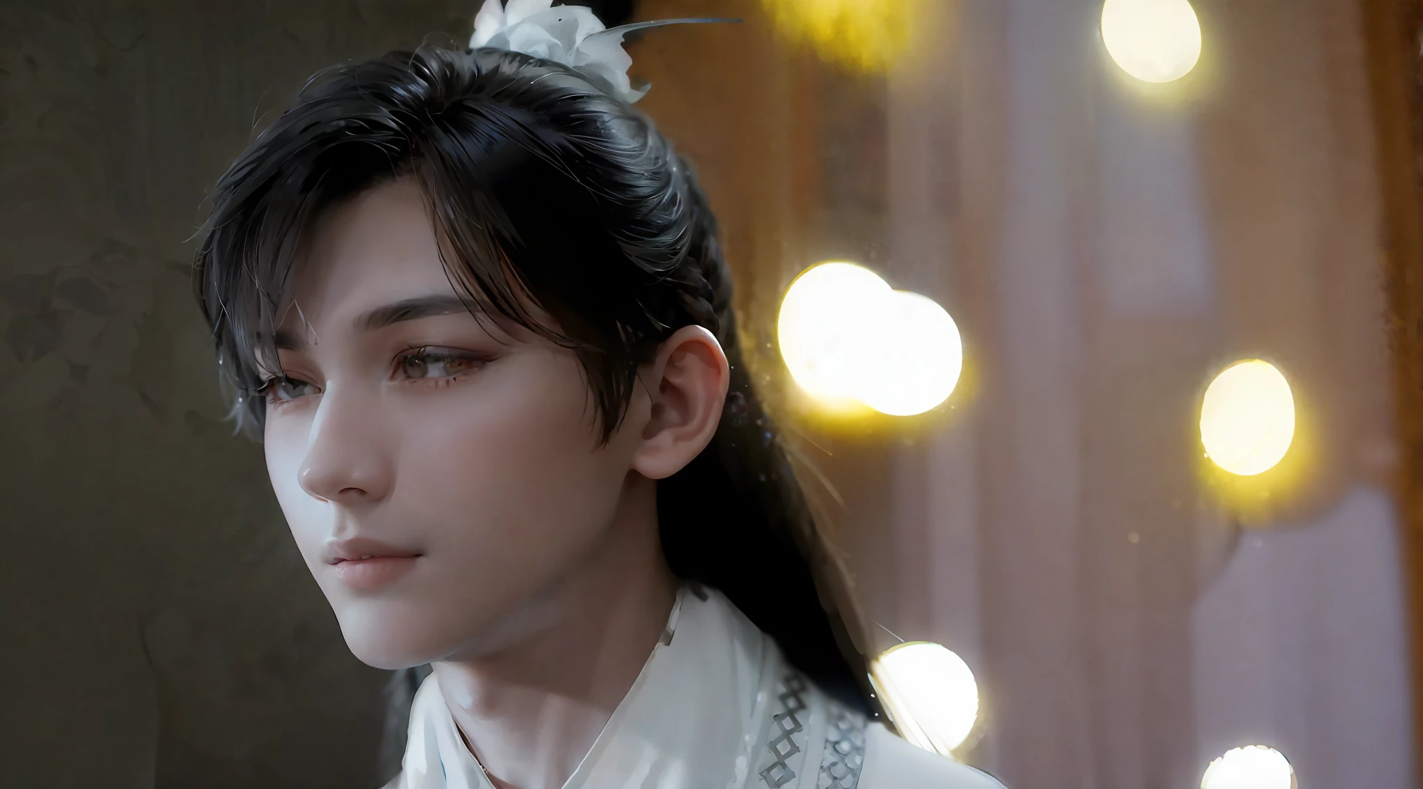 (Male: 1.1), [Monochrome: Pastel Color: 0.6] Theme, (Masterpiece), (Best Quality), (Detail), Light Layer, Glossy Skin, (Complicated Details: 1.1), Black Hair, Long hair, black eyes, fairy hero,