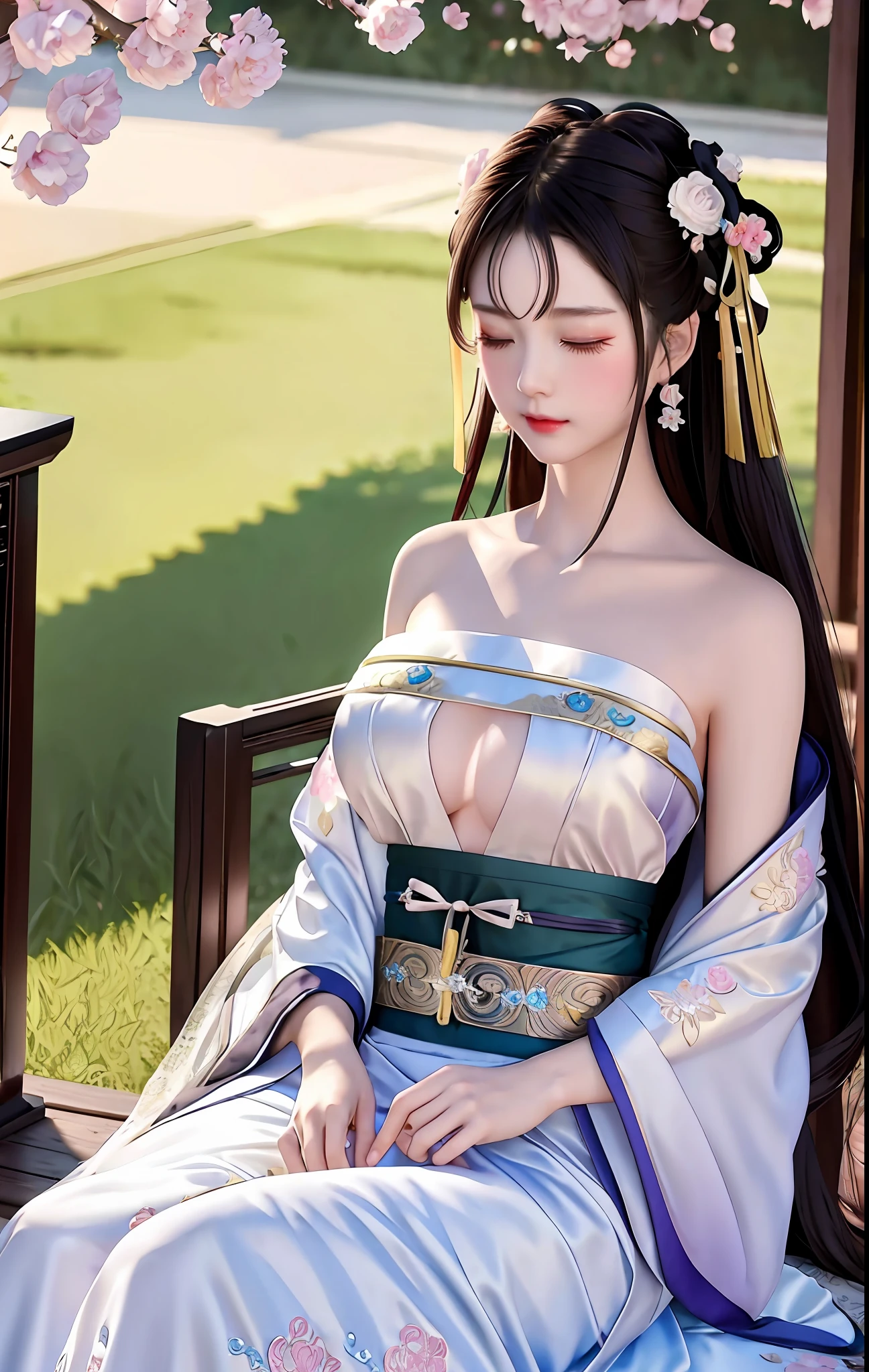 lace, ribbon, hanfu, (masterpiece, sidelighting: 1.2), masterpiece, photo realistic, shiny hair, lustrous skin, solo, embarassed, Strapless, exquisite, beautifly, belly button, (sleeping:1.2), baring perfect body, best ratio four finger and one thumb,