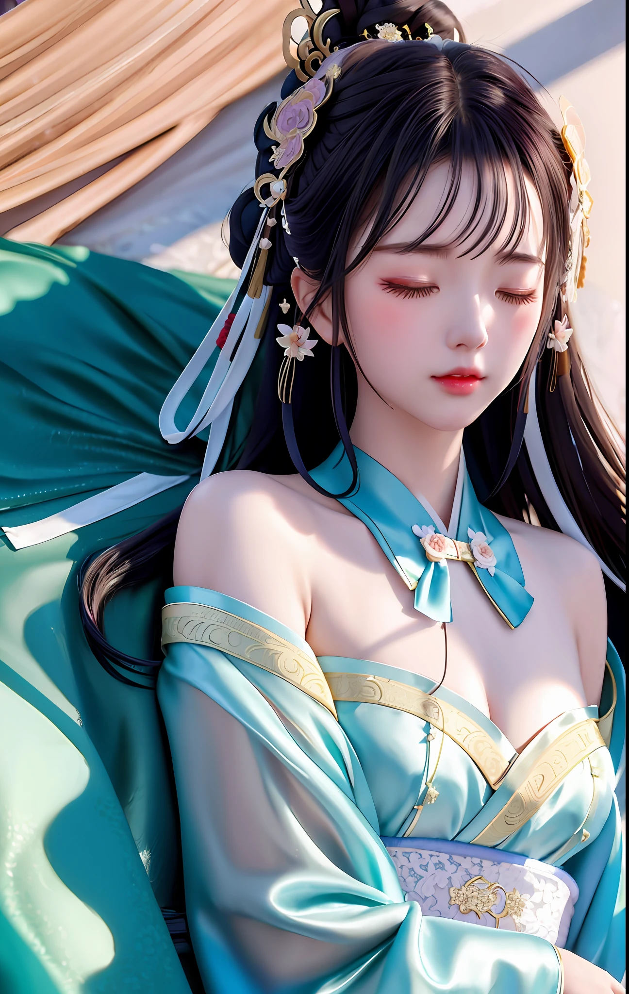 lace, ribbon, hanfu, (masterpiece, sidelighting: 1.2), masterpiece, photo realistic, shiny hair, lustrous skin, solo, embarassed, Strapless, exquisite, beautifly, belly button, (sleeping:1.2), baring perfect body, best ratio four finger and one thumb,