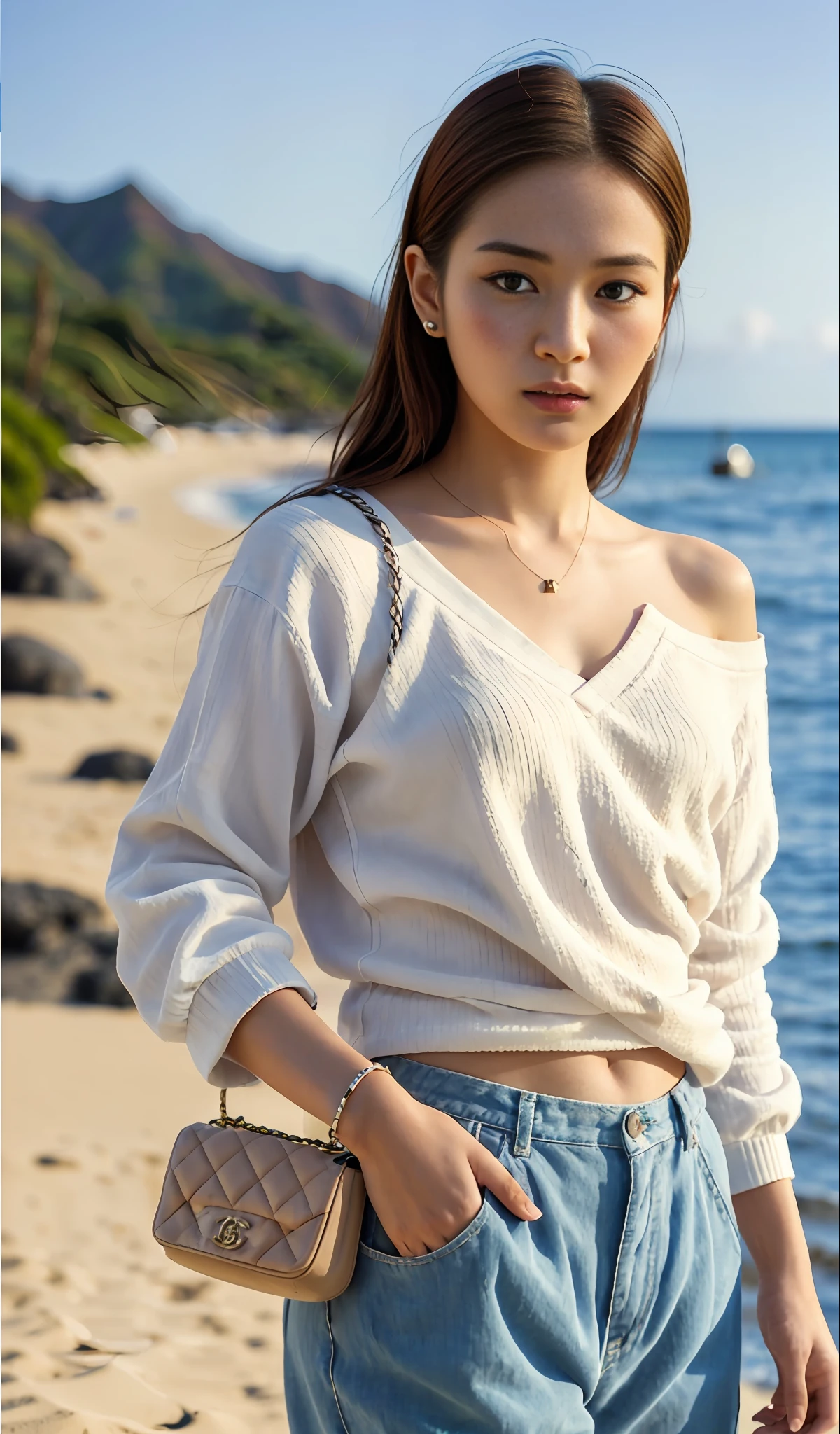 E-commerce female model photography, Hawaii seaside background, the model height of 1.68, wearing Korean clothes on the top, shoulder (Chanel mini bag: 0.6), (realistic: 1.4), lower half wearing Korean pants, soft lighting, masterpieces, best quality, super realistic details, commercial photography, dynamic pose, 3D C4D, film, super realistic painting, 8k, midjourney art