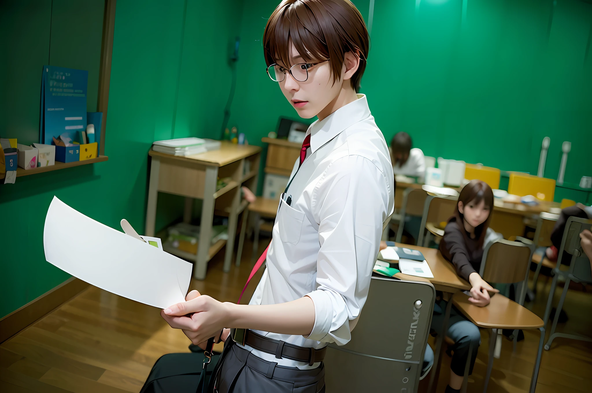 There is a woman holding a paper standing in the classroom, professional cosplay, anime cosplay, cosplay, realistic cosplay, as an anime character, jk uniform, Cai Xukun, inspired by Un&#39;ichi Hiratsuka, makoto, shinkai makoto, male ulzzang, publicity cosplay, inspired by Iwao Takamoto, profile, glasses, fine line, warm light, book, detailed face